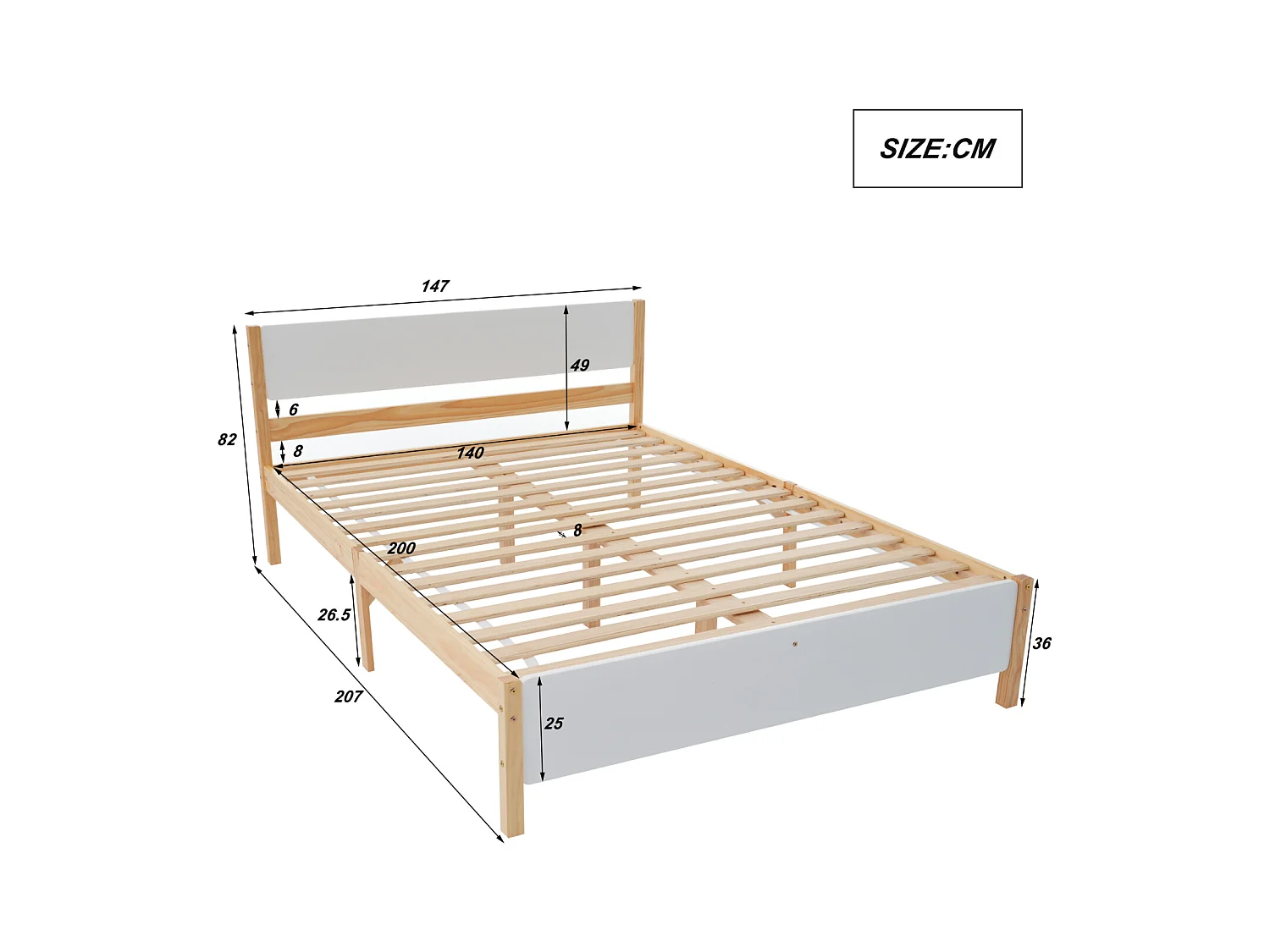 Lit double, lit en bois, cadre en pin avec pied central, lit jeune, lit adulte, avec tête et pied de lit en MDF, blanc + naturel, 140x200 cm