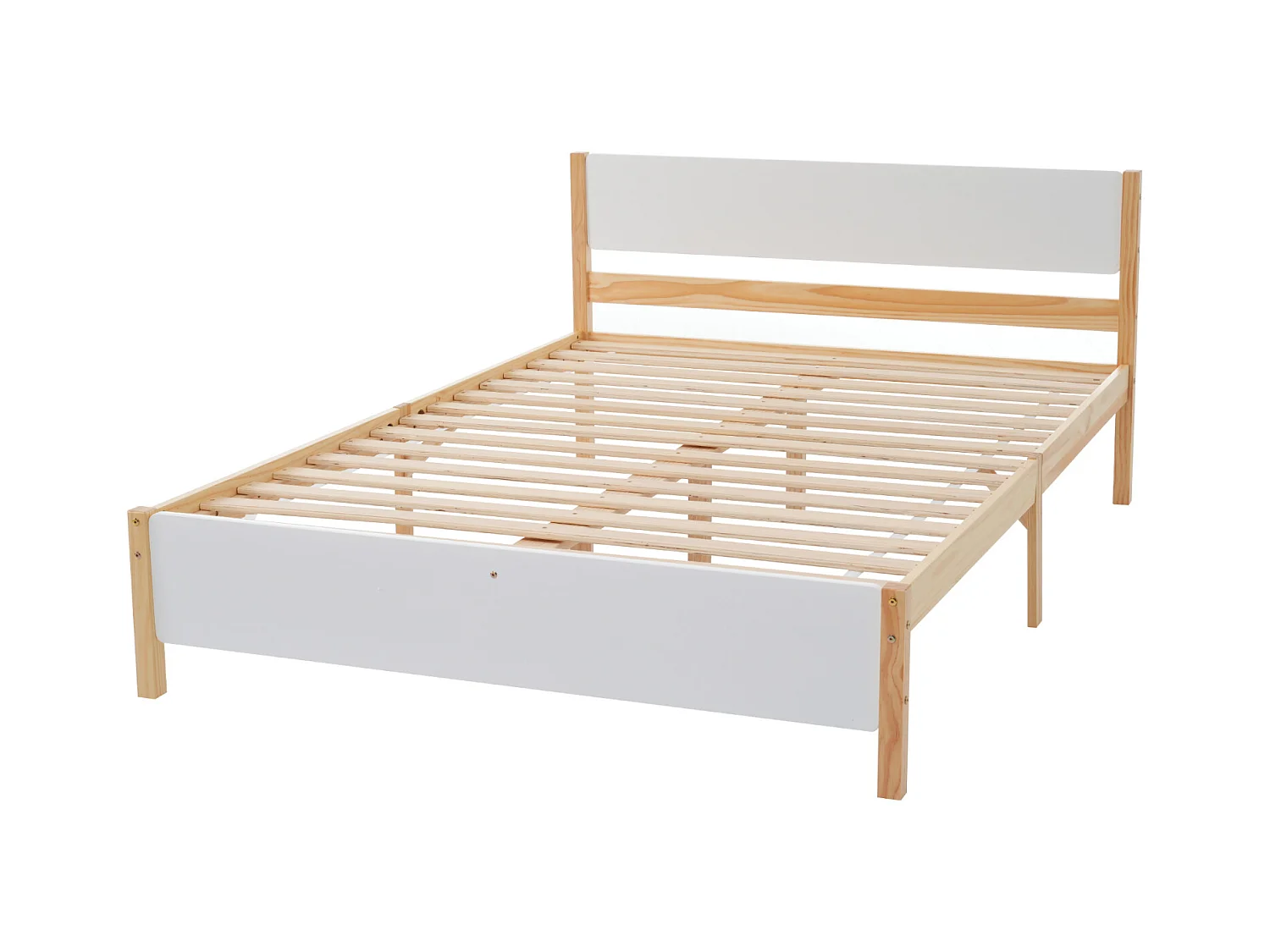 Lit double, lit en bois, cadre en pin avec pied central, lit jeune, lit adulte, avec tête et pied de lit en MDF, blanc + naturel, 140x200 cm