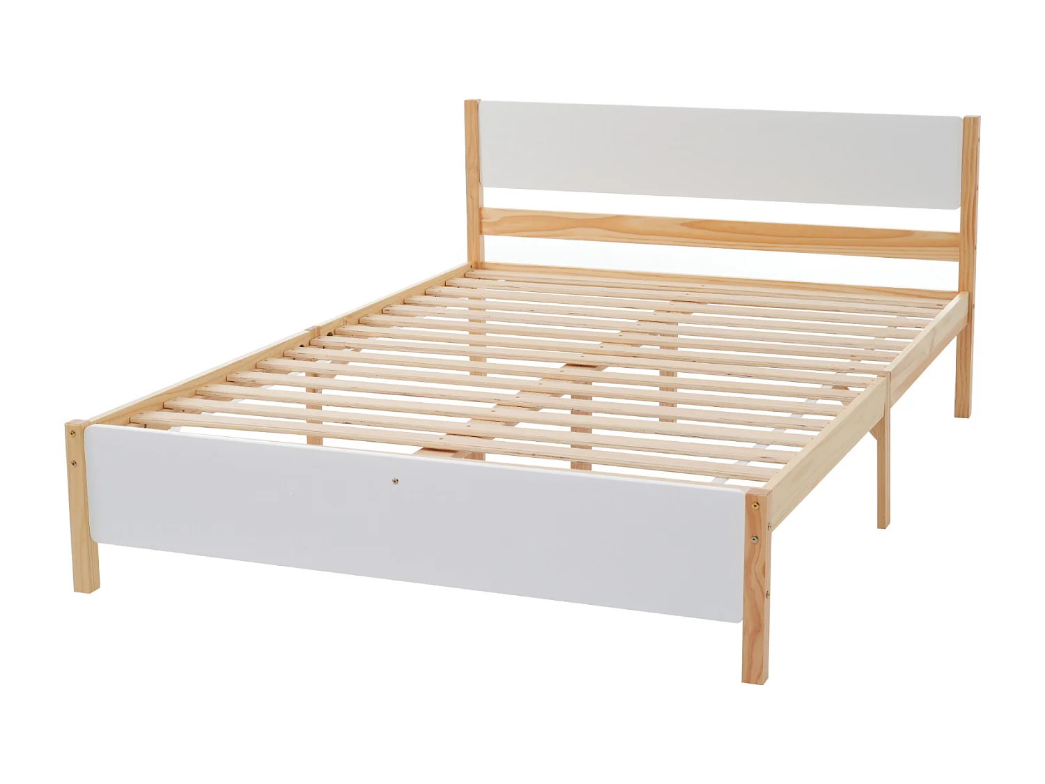 Cama de casal, cama de madeira, estrutura de pinho com pé central, cama jovem, cama de adulto, com cabeceira e peseira de MDF, branco + natural, 140x200 cm