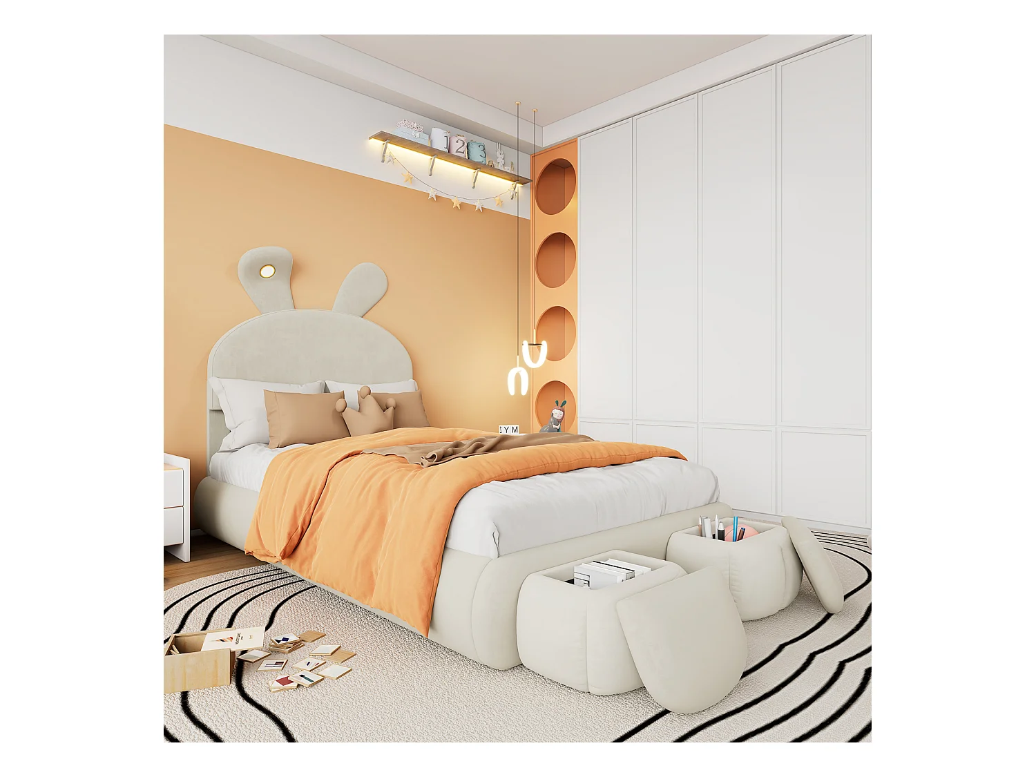 Lit simple tapissé, oreilles de lapin (lumière variable, bandes chaudes), 2 tabourets de rangement, lattes de bois, velours, beige, 90x200cm