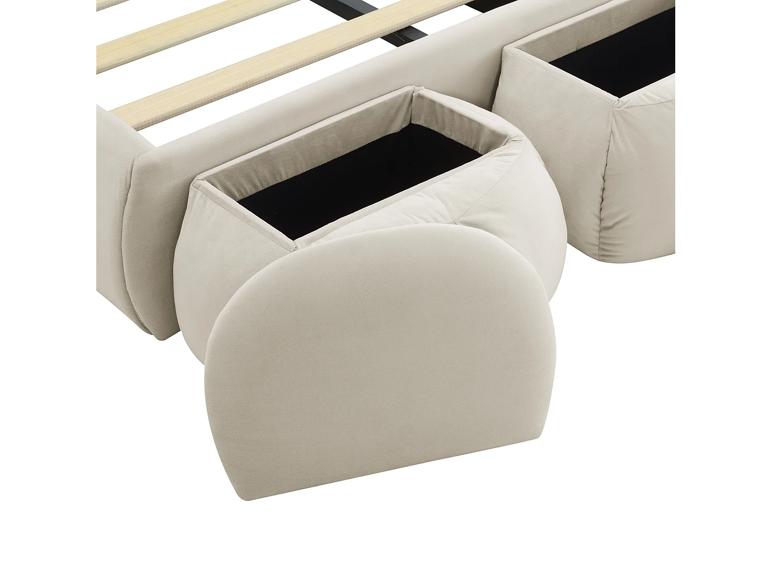 Lit simple tapissé, oreilles de lapin (lumière variable, bandes chaudes), 2 tabourets de rangement, lattes de bois, velours, beige, 90x200cm