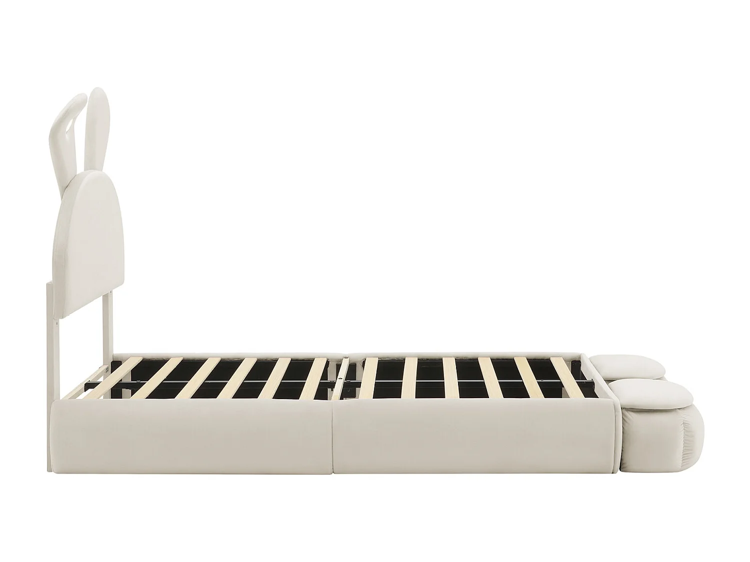 Gestoffeerd eenpersoonsbed, konijnenoren (dimbaar licht, warme strepen), 2 opbergkrukken, houten lattenbodem, fluweel, beige, 90x200cm