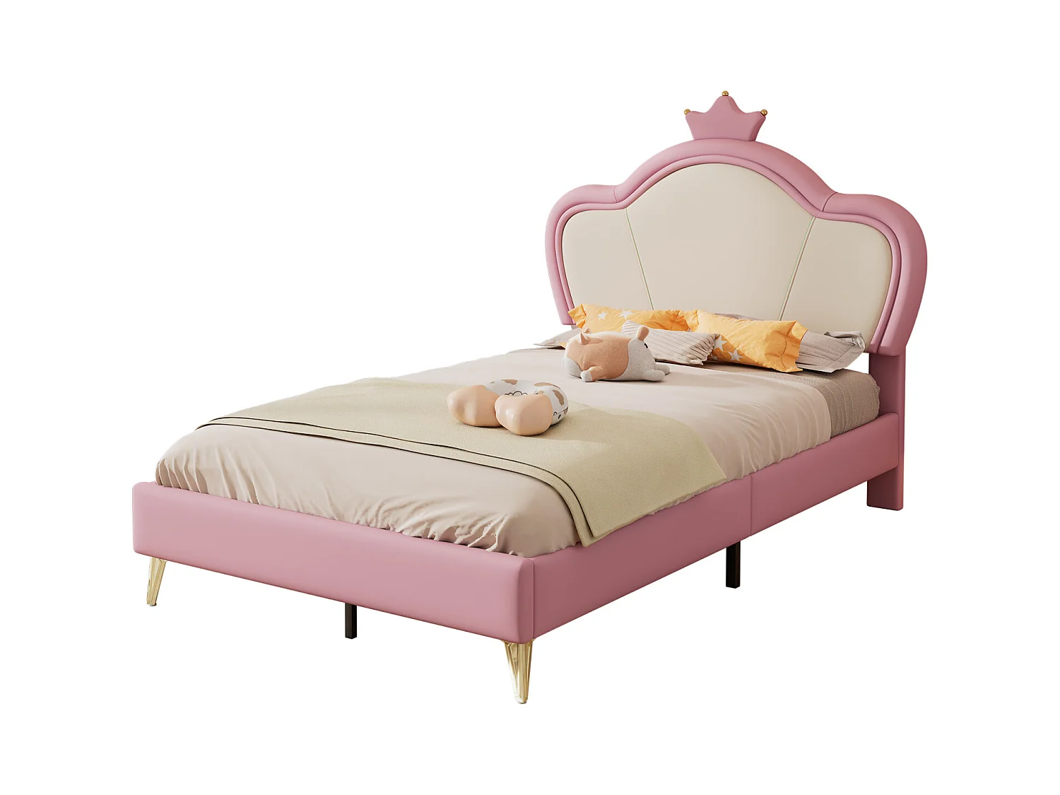 Cama estofada infantil, bordas macias, cabeceira coroa, metal, PU, rosa+branco, 90x200cm