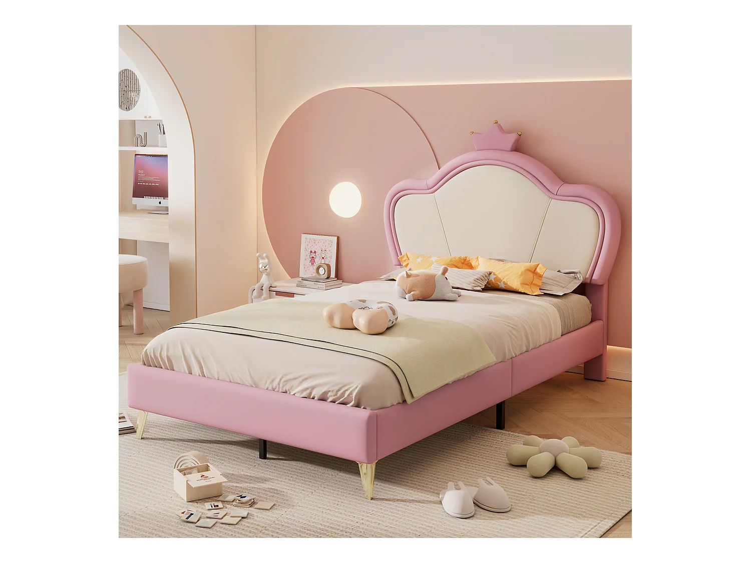 Cama estofada infantil, bordas macias, cabeceira coroa, metal, PU, rosa+branco, 90x200cm