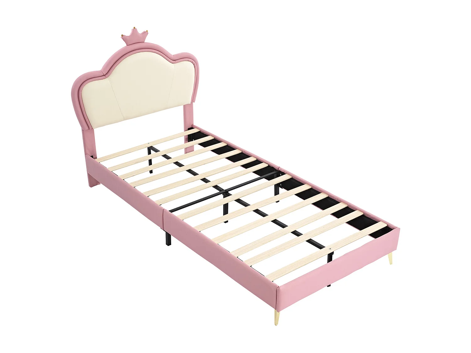 Lit enfant rembourré, bords souples, tête de lit couronne, pieds en métal, PU, rose + blanc, 90x200cm