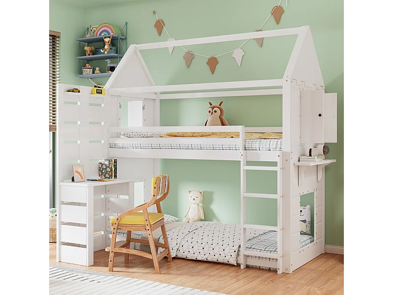 Lit superposé, lit maison, lit enfant avec barrière et protection, avec table, étagère ouverte, deux fenêtres, grand espace de rangement, pin + MDF, blanc, 90x200cm