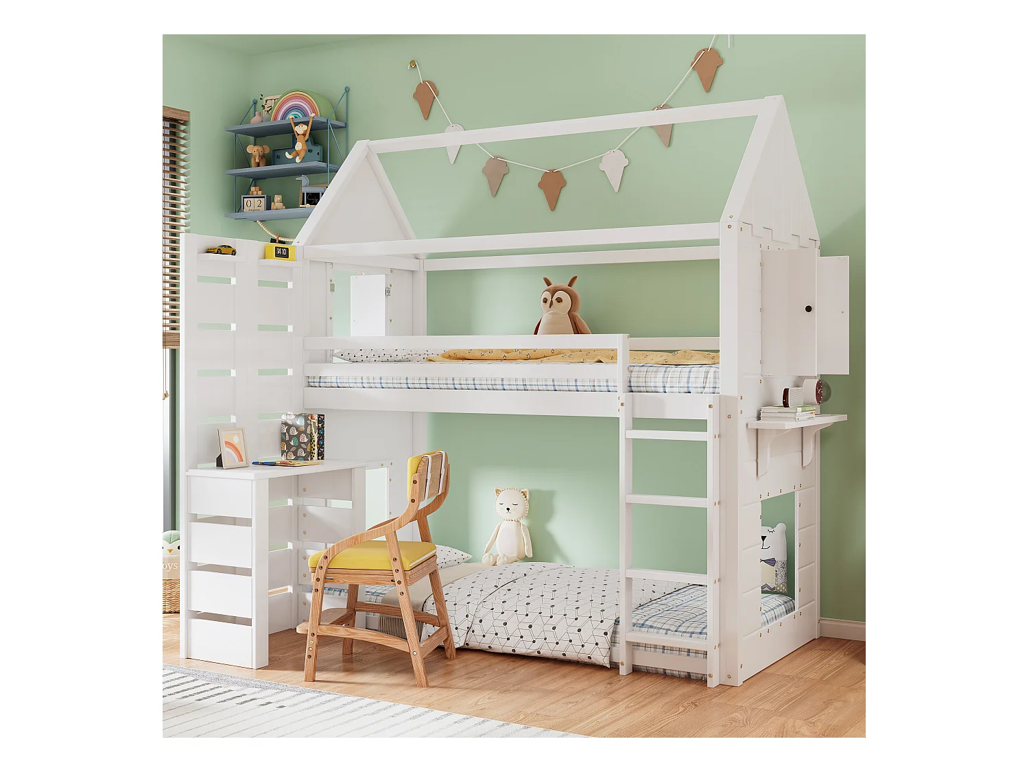 Lit superposé, lit maison, lit enfant avec barrière et protection, avec table, étagère ouverte, deux fenêtres, grand espace de rangement, pin + MDF, blanc, 90x200cm