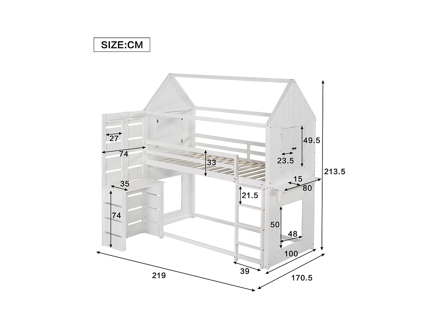Lit superposé, lit maison, lit enfant avec barrière et protection, avec table, étagère ouverte, deux fenêtres, grand espace de rangement, pin + MDF, blanc, 90x200cm