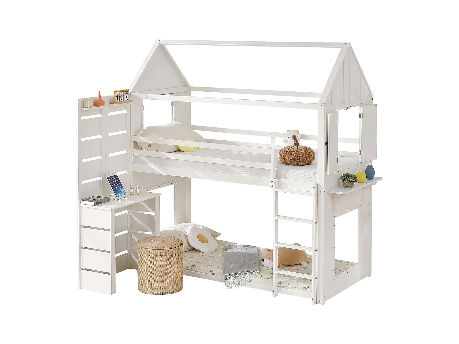 Lit superposé, lit maison, lit enfant avec barrière et protection, avec table, étagère ouverte, deux fenêtres, grand espace de rangement, pin + MDF, blanc, 90x200cm