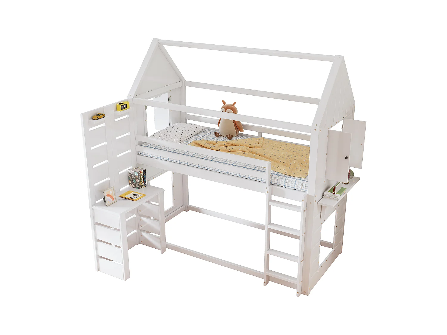 Lit superposé, lit maison, lit enfant avec barrière et protection, avec table, étagère ouverte, deux fenêtres, grand espace de rangement, pin + MDF, blanc, 90x200cm
