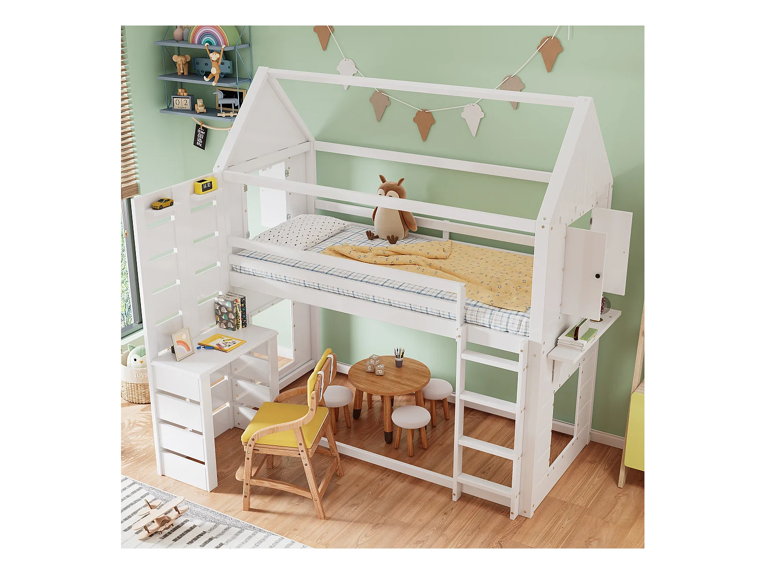 Lit superposé, lit maison, lit enfant avec barrière et protection, avec table, étagère ouverte, deux fenêtres, grand espace de rangement, pin + MDF, blanc, 90x200cm
