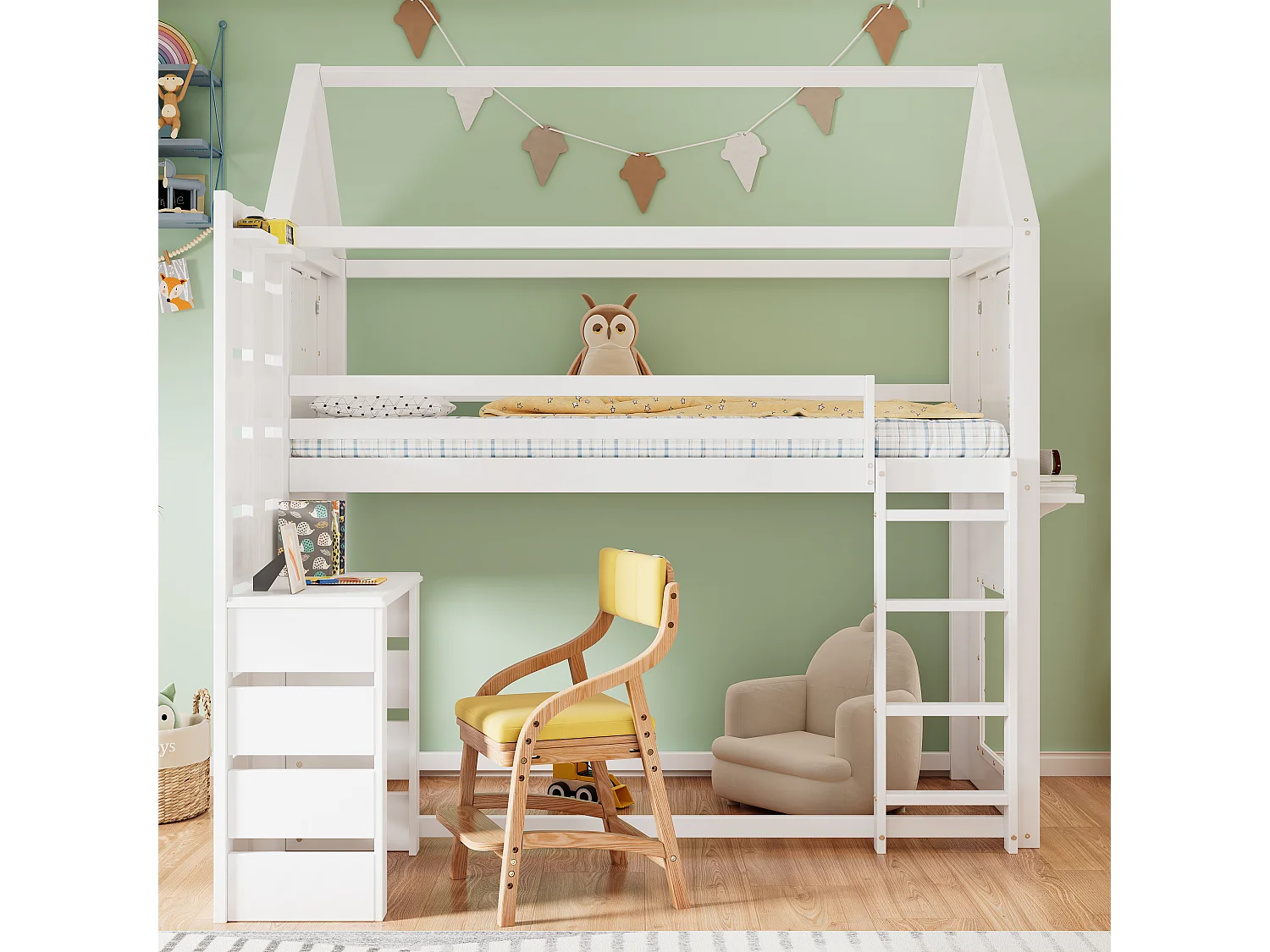 Lit superposé, lit maison, lit enfant avec barrière et protection, avec table, étagère ouverte, deux fenêtres, grand espace de rangement, pin + MDF, blanc, 90x200cm