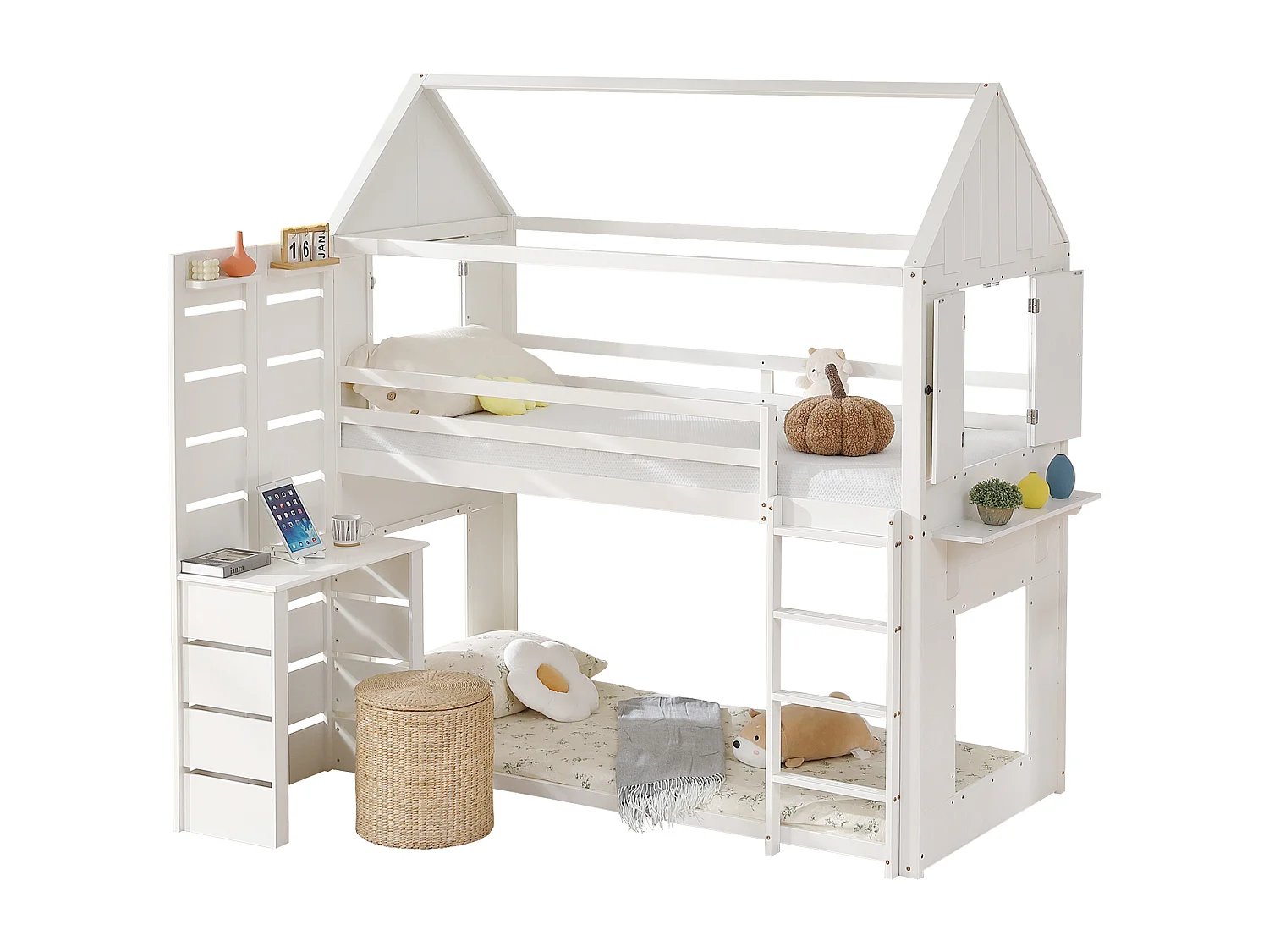 Lit superposé, lit maison, lit enfant avec barrière et protection, avec table, étagère ouverte, deux fenêtres, grand espace de rangement, pin + MDF, blanc, 90x200cm