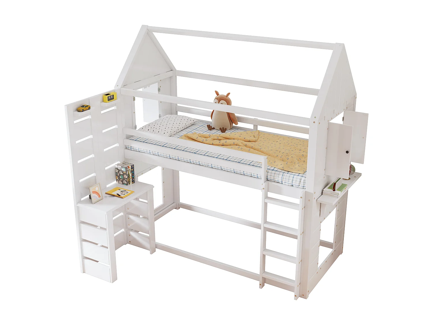 Lit superposé, lit maison, lit enfant avec barrière et protection, avec table, étagère ouverte, deux fenêtres, grand espace de rangement, pin + MDF, blanc, 90x200cm