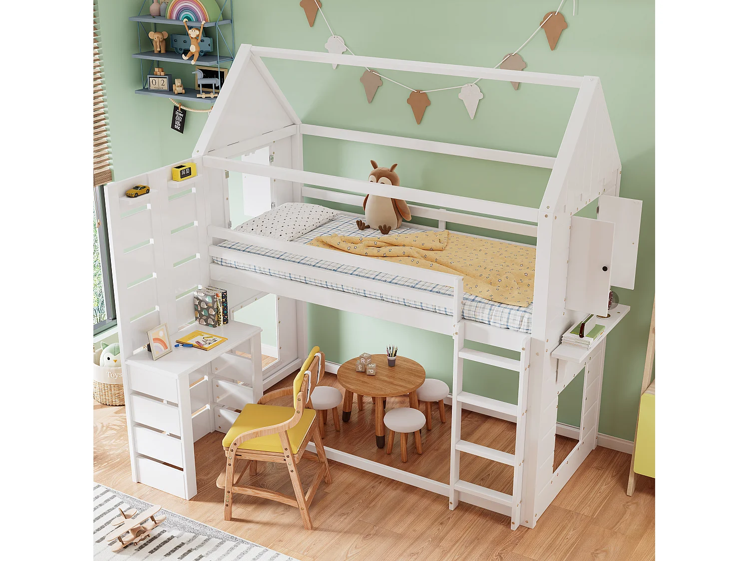 Lit superposé, lit maison, lit enfant avec barrière et protection, avec table, étagère ouverte, deux fenêtres, grand espace de rangement, pin + MDF, blanc, 90x200cm