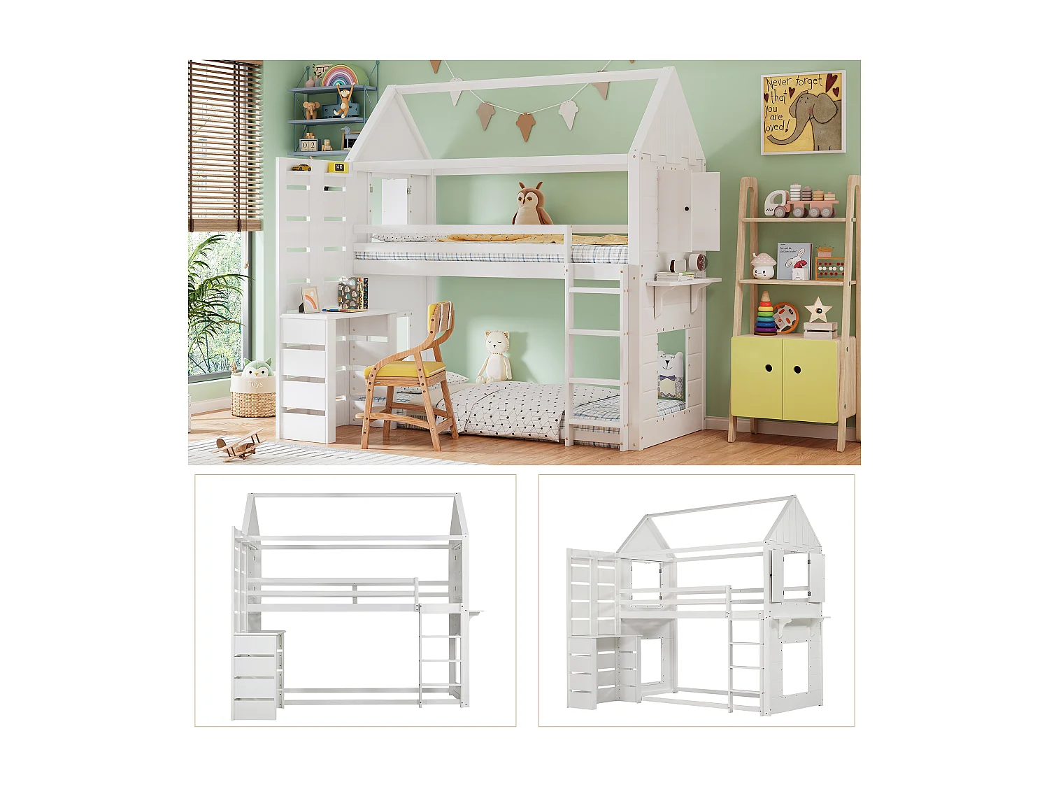 Lit superposé, lit maison, lit enfant avec barrière et protection, avec table, étagère ouverte, deux fenêtres, grand espace de rangement, pin + MDF, blanc, 90x200cm