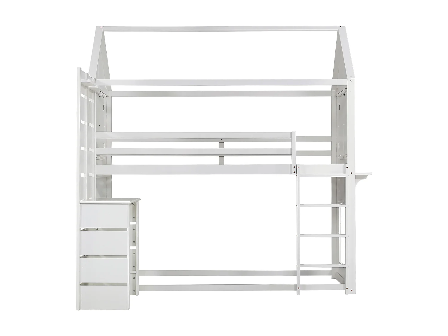 Lit superposé, lit maison, lit enfant avec barrière et protection, avec table, étagère ouverte, deux fenêtres, grand espace de rangement, pin + MDF, blanc, 90x200cm