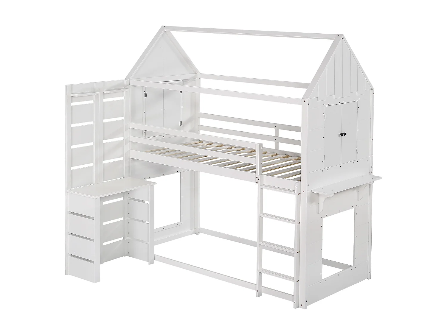 Lit superposé, lit maison, lit enfant avec barrière et protection, avec table, étagère ouverte, deux fenêtres, grand espace de rangement, pin + MDF, blanc, 90x200cm