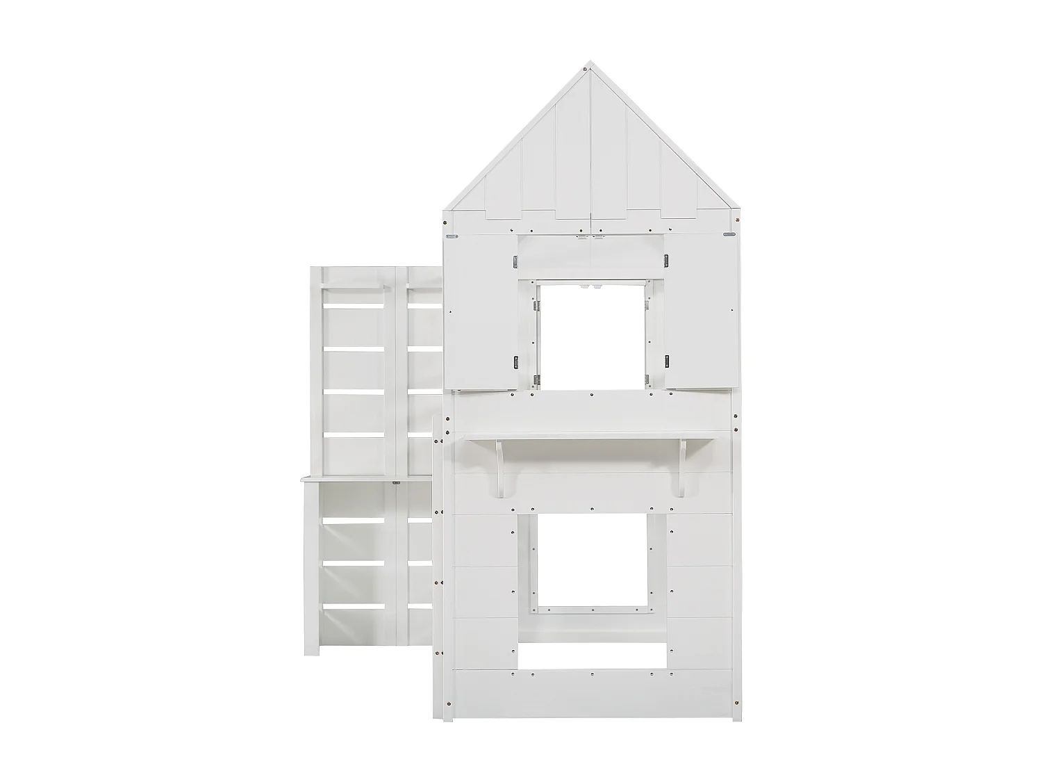 Lit superposé, lit maison, lit enfant avec barrière et protection, avec table, étagère ouverte, deux fenêtres, grand espace de rangement, pin + MDF, blanc, 90x200cm