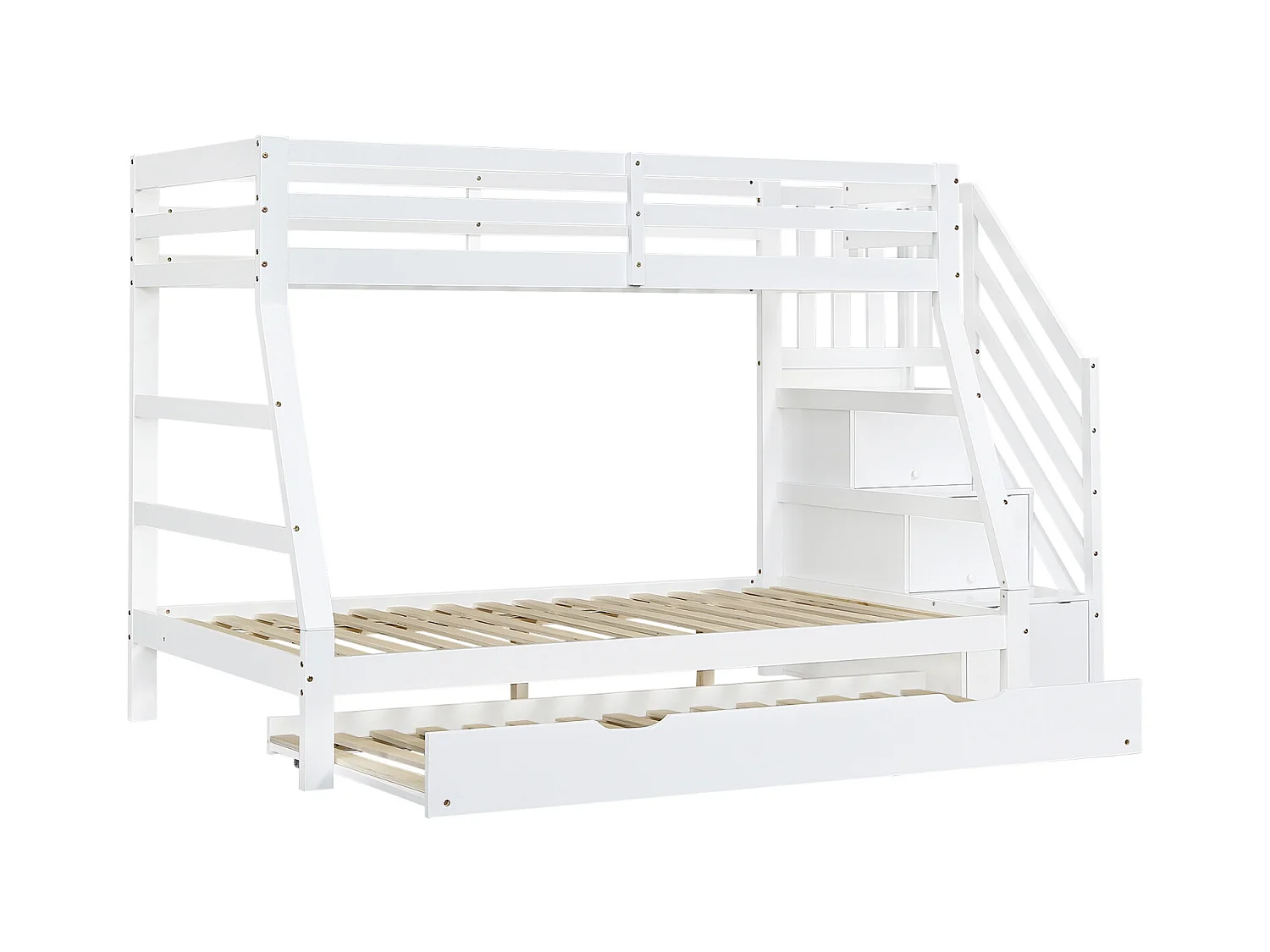 Lit superposé enfant, lit gigogne, armoire échelle, main courante, porte de sécurité, pin + MDF, blanc, 90x190/90/120x200cm