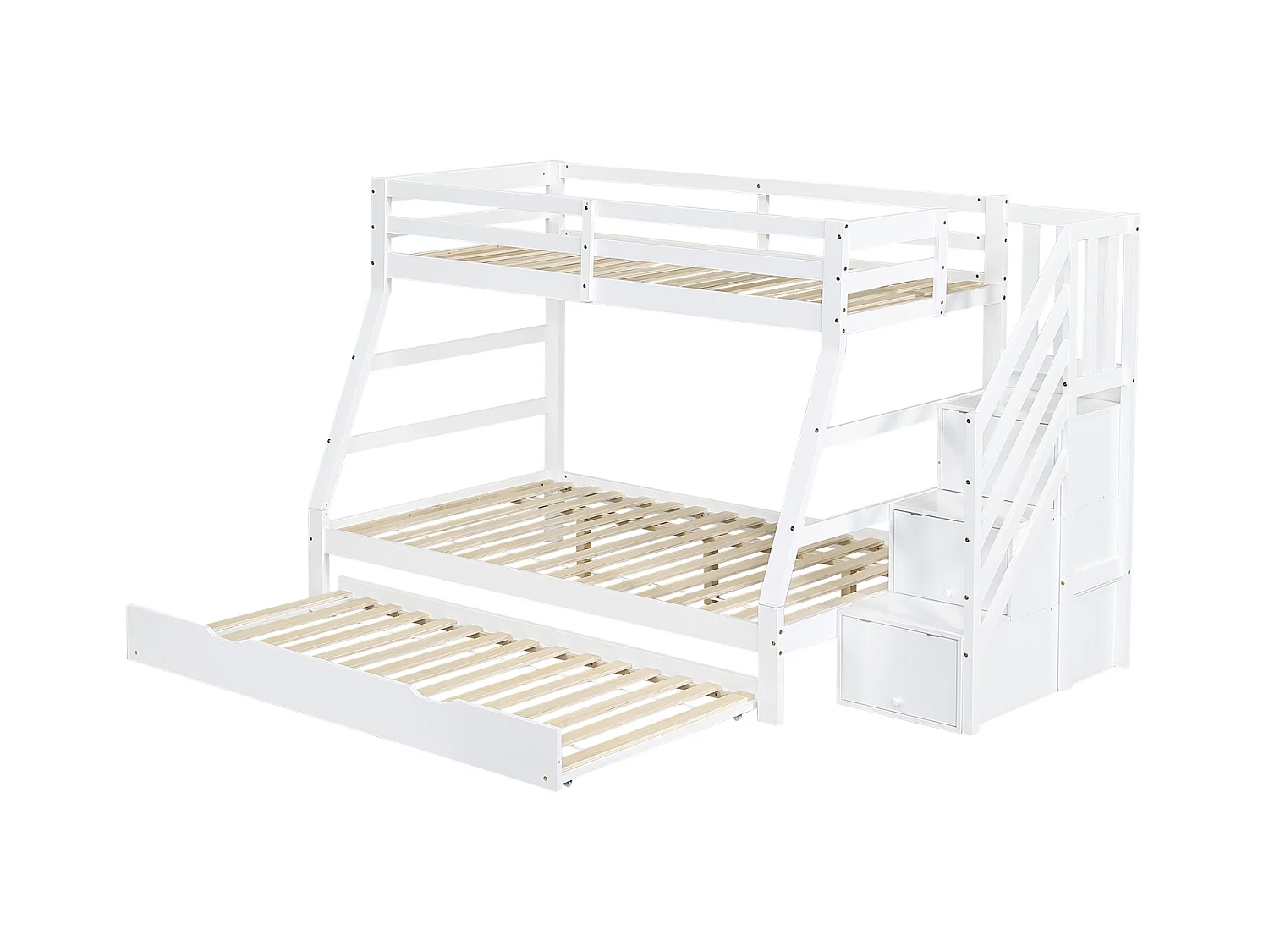 Lit superposé enfant, lit gigogne, armoire échelle, main courante, porte de sécurité, pin + MDF, blanc, 90x190/90/120x200cm