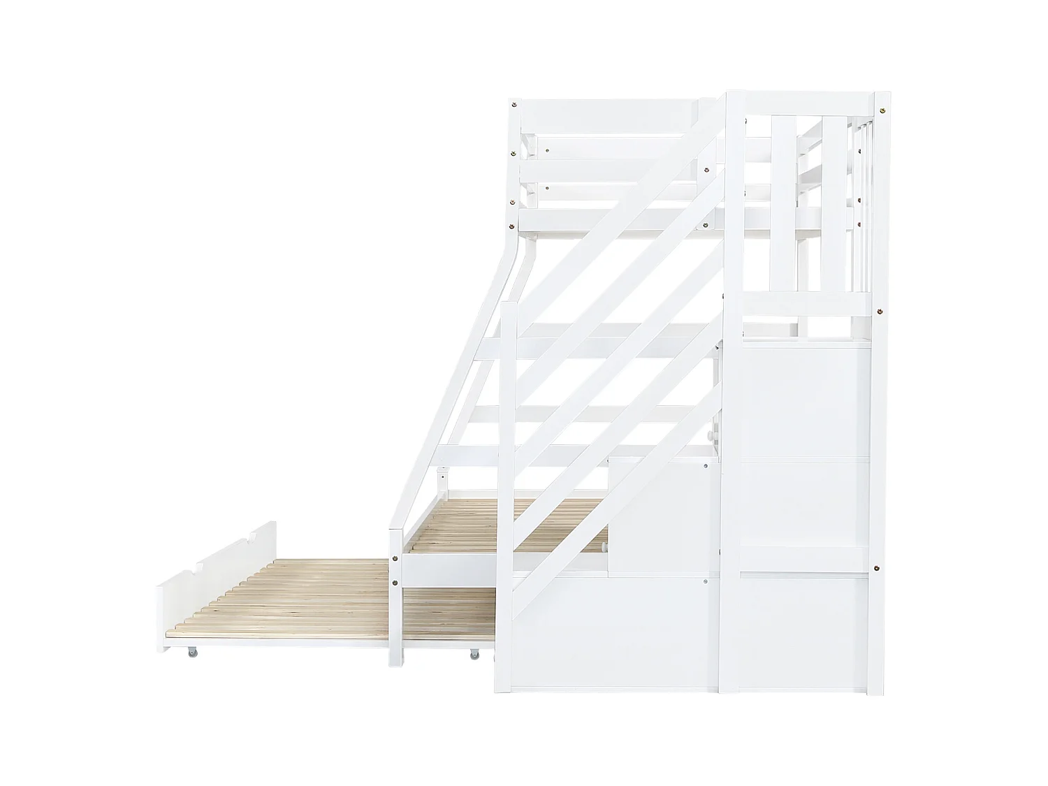 Lit superposé enfant, lit gigogne, armoire échelle, main courante, porte de sécurité, pin + MDF, blanc, 90x190/90/120x200cm