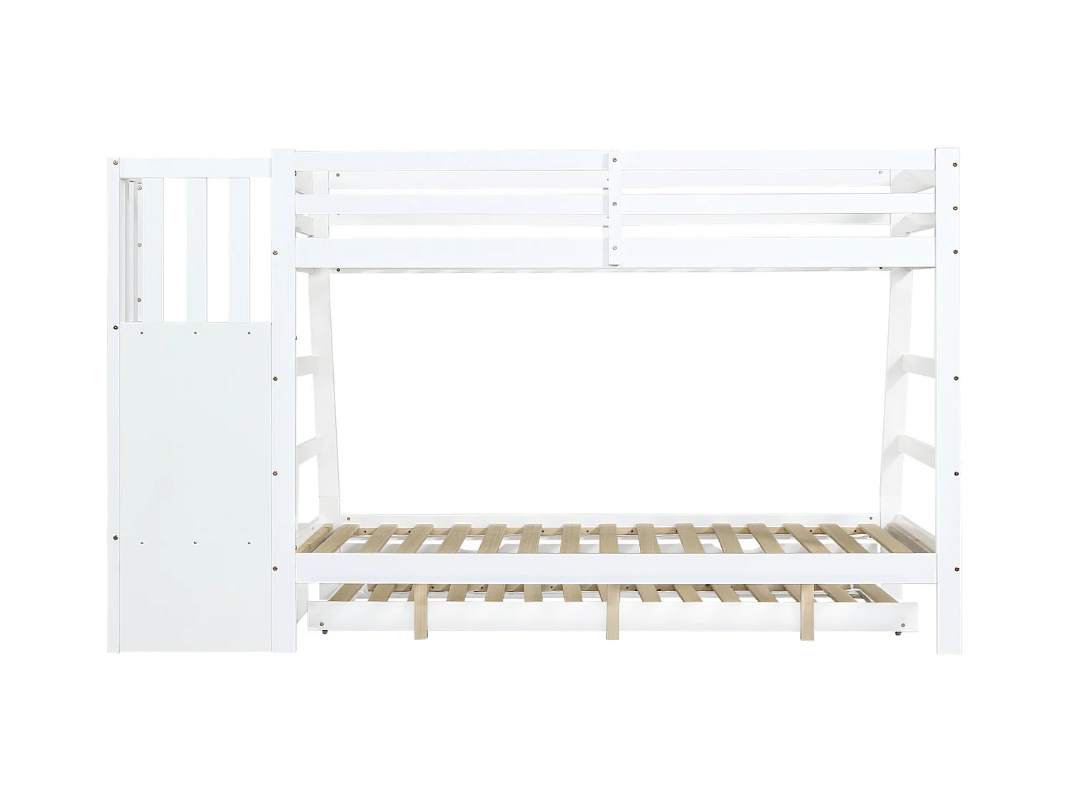 Lit superposé enfant, lit gigogne, armoire échelle, main courante, porte de sécurité, pin + MDF, blanc, 90x190/90/120x200cm