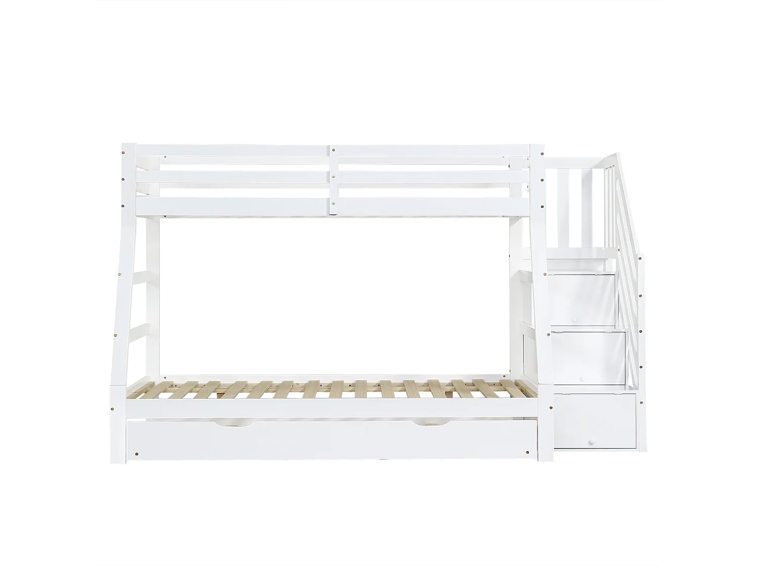Letto a castello per bambini, letto estraibile, mobiletto con scaletta, corrimano, porta di sicurezza, pino + MDF, bianco, 90x190/90/120x200cm