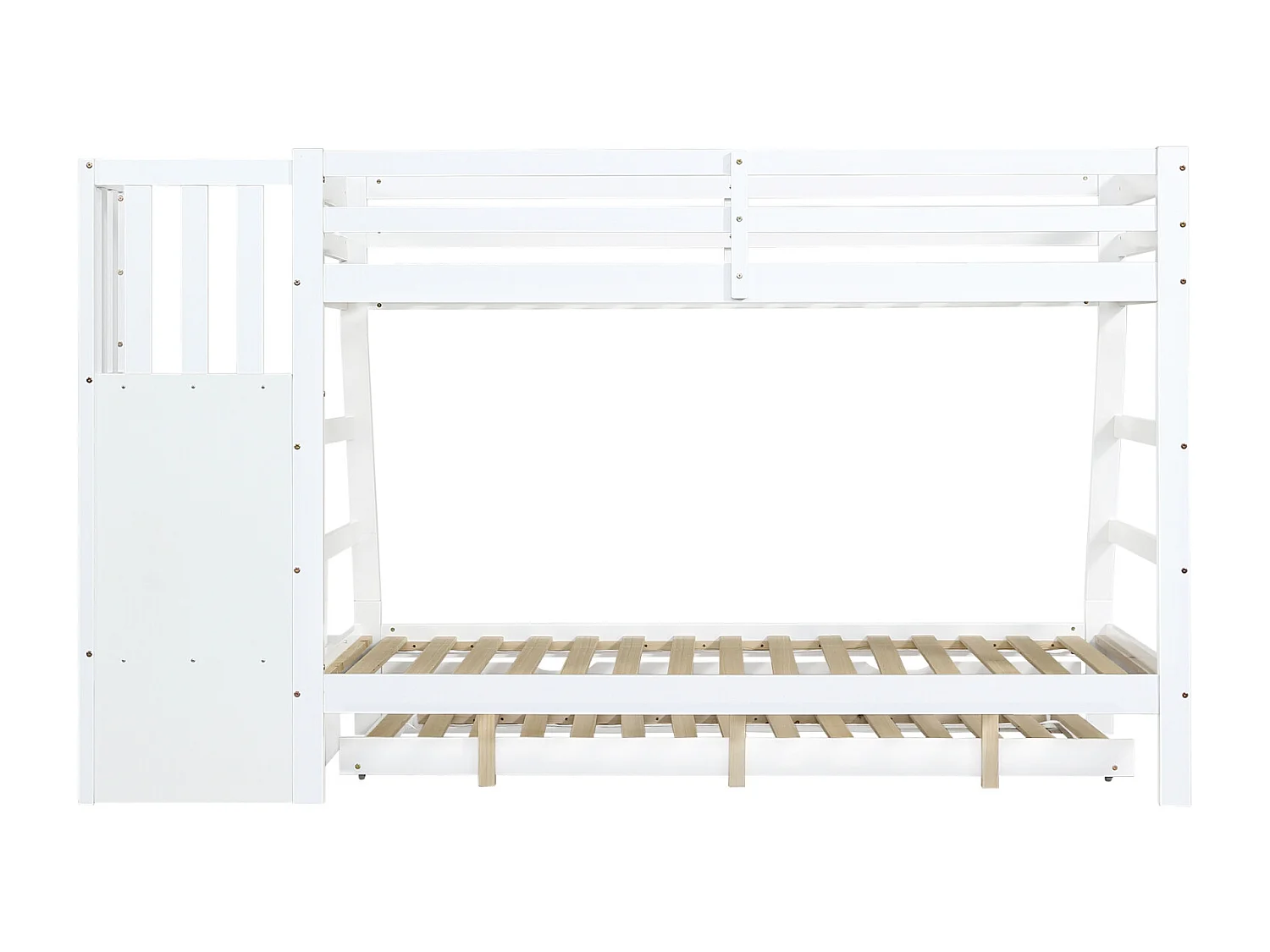 Letto a castello per bambini, letto estraibile, mobiletto con scaletta, corrimano, porta di sicurezza, pino + MDF, bianco, 90x190/90/120x200cm