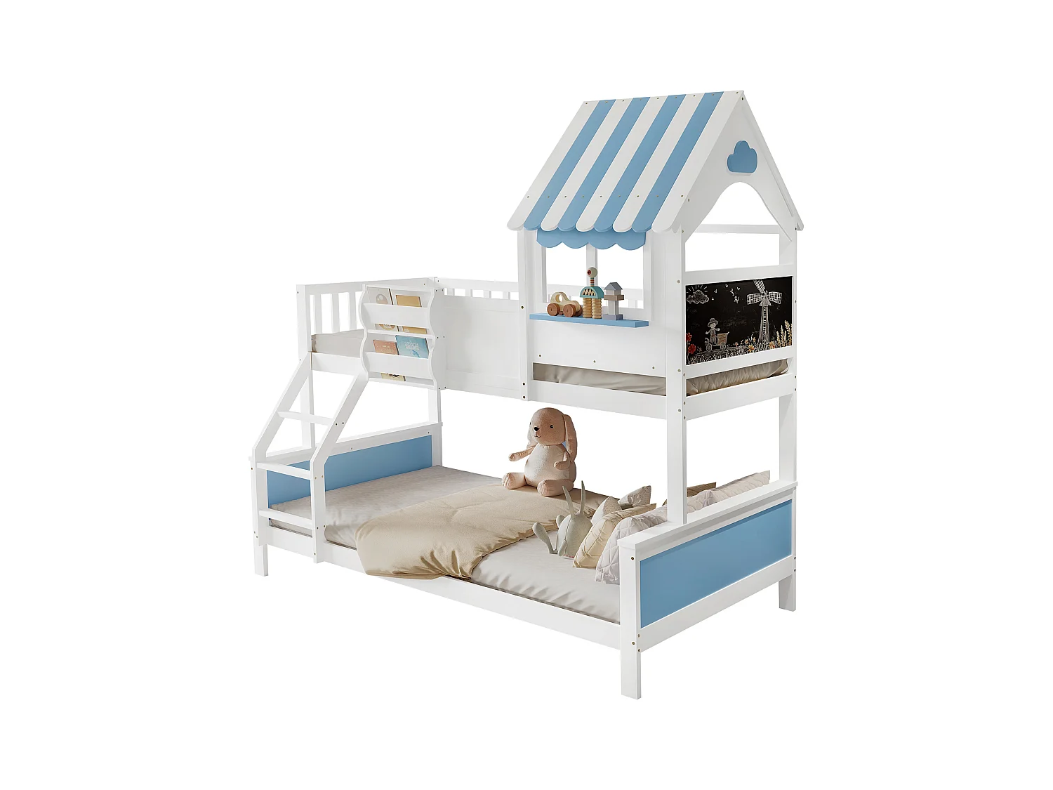 Lit superposé enfant, coffre de rangement, échelle inclinée 3 marches, fenêtre simple, graffiti, pin+MDF, blanc+bleu, 90/120x200cm