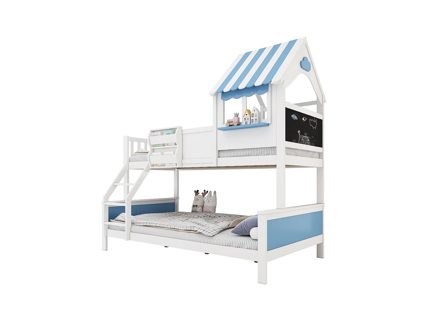 Lit superposé enfant, coffre de rangement, échelle inclinée 3 marches, fenêtre simple, graffiti, pin+MDF, blanc+bleu, 90/120x200cm