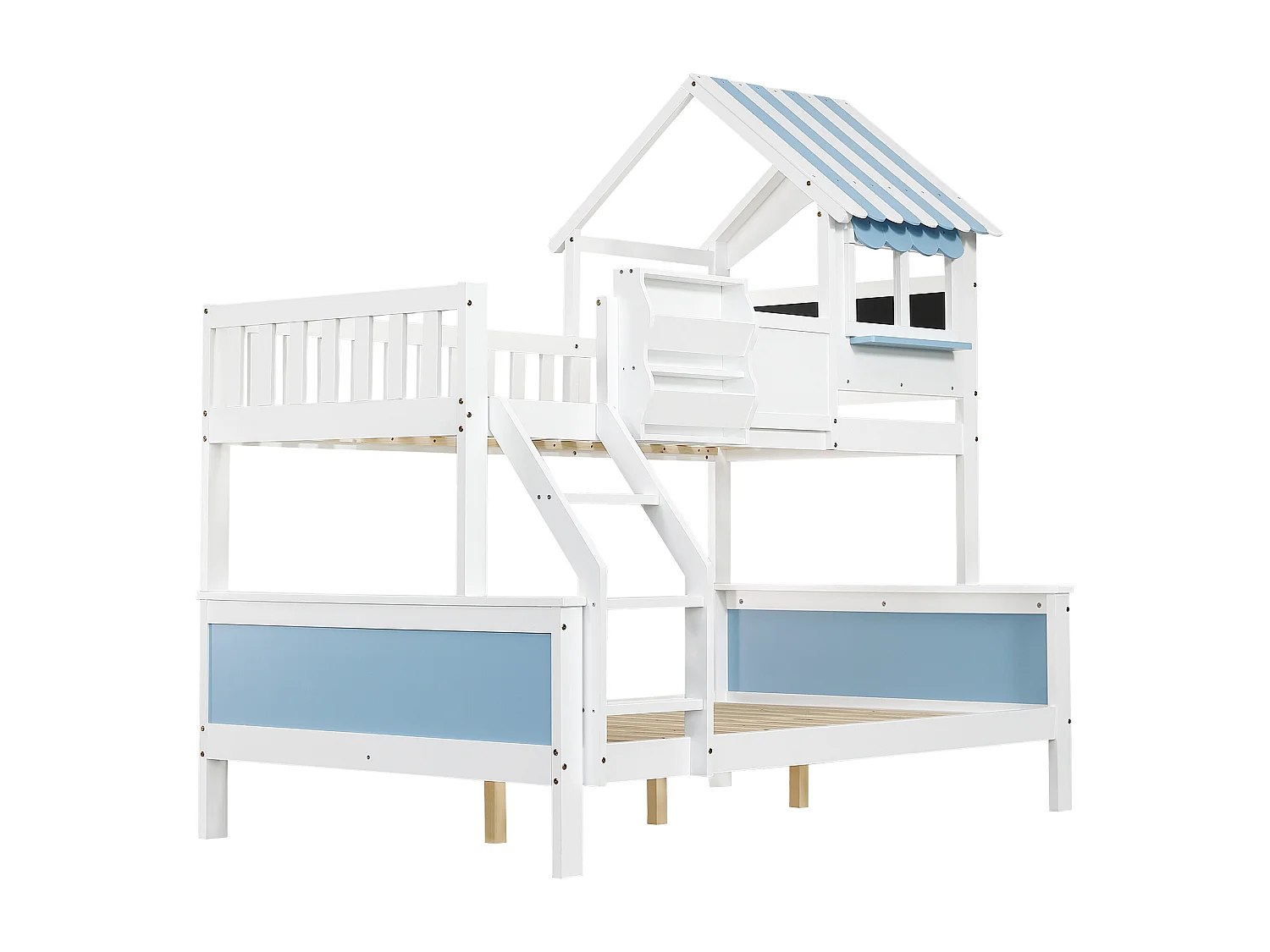 Lit superposé enfant, coffre de rangement, échelle inclinée 3 marches, fenêtre simple, graffiti, pin+MDF, blanc+bleu, 90/120x200cm