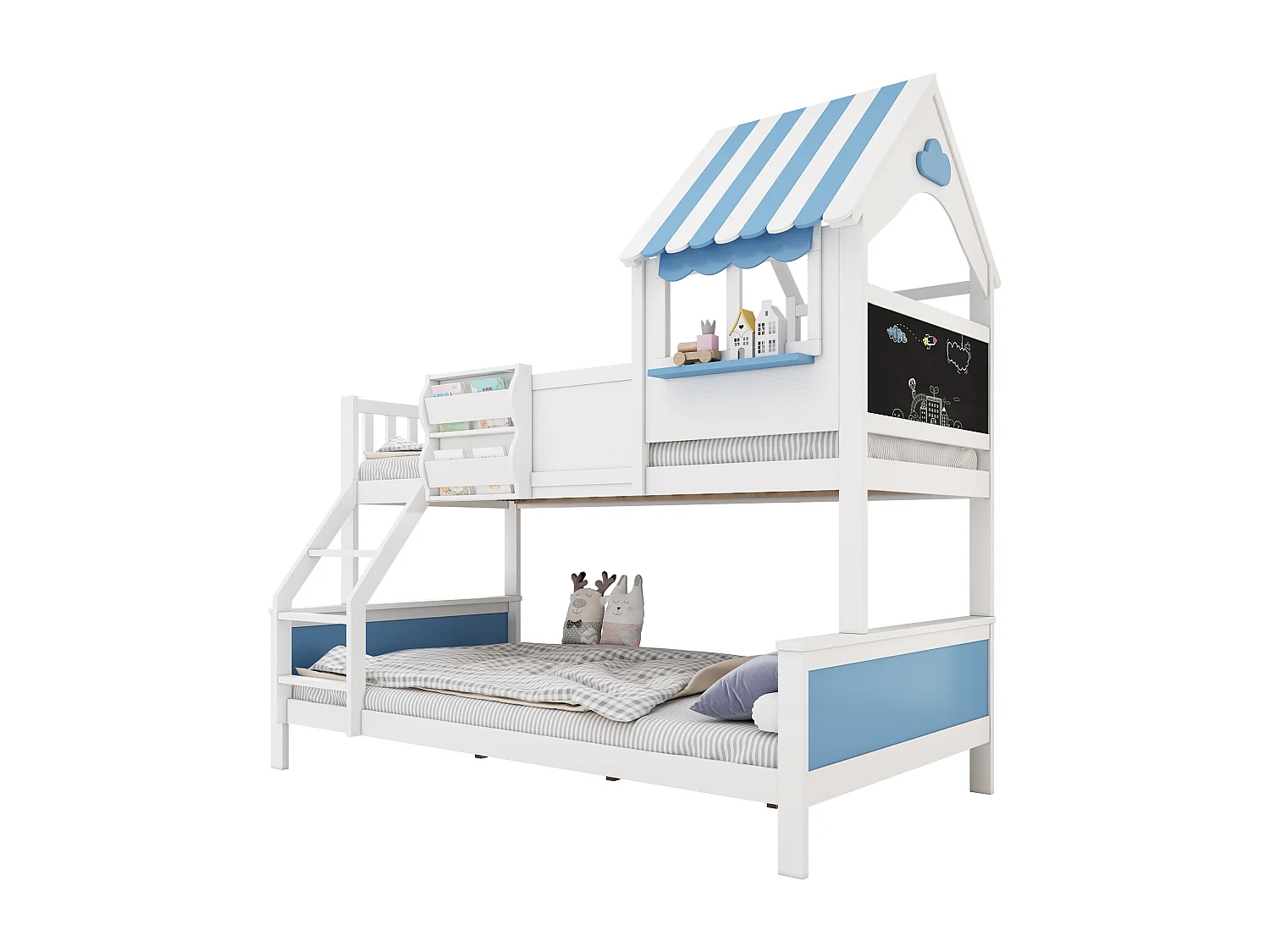 Lit superposé enfant, coffre de rangement, échelle inclinée 3 marches, fenêtre simple, graffiti, pin+MDF, blanc+bleu, 90/120x200cm
