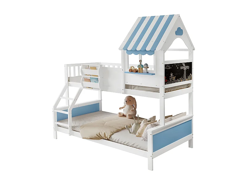 Lit superposé enfant, coffre de rangement, échelle inclinée 3 marches, fenêtre simple, graffiti, pin+MDF, blanc+bleu, 90/120x200cm
