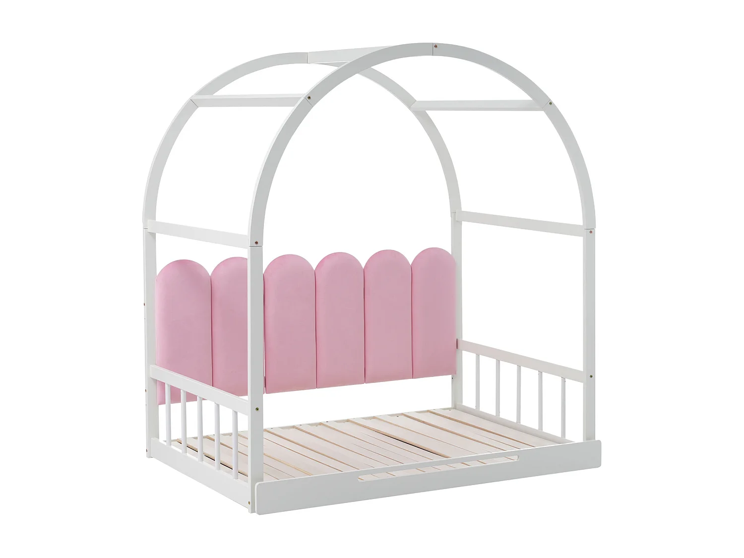 (Avec matelas) Lit mezzanine extensible, lit gigogne, lit enfant, lit sommier, lit double, coussins velours, pin, blanc+rose, 140x100/200cm