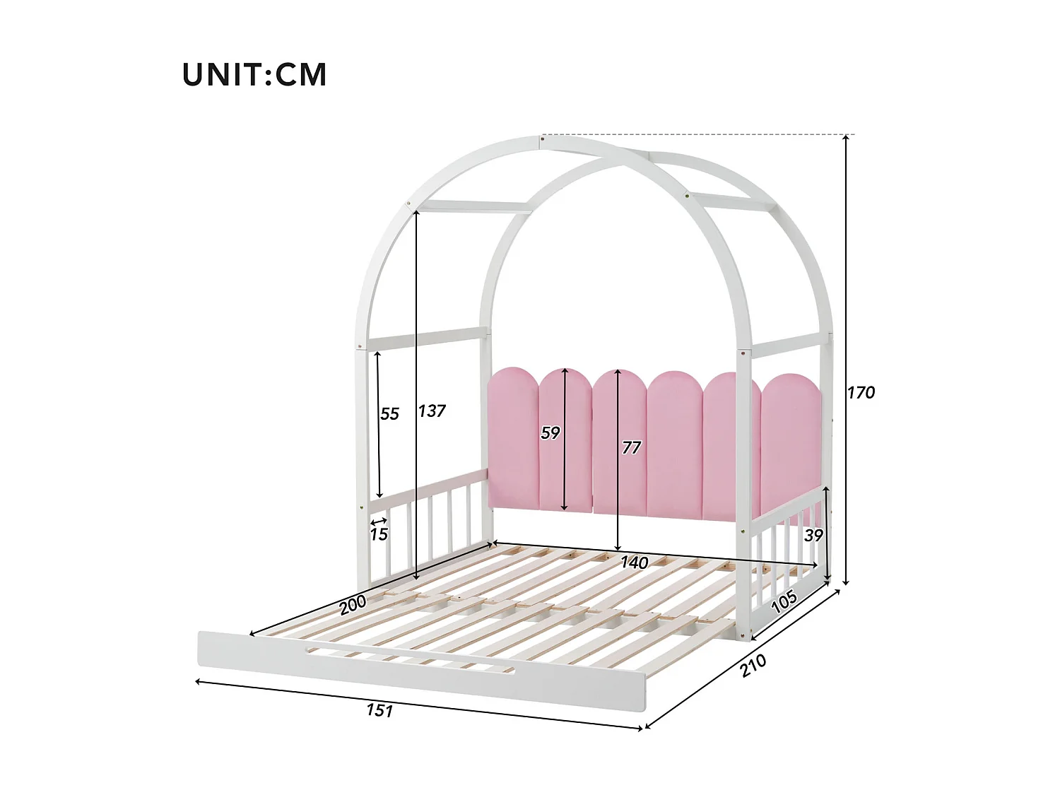 (Avec matelas) Lit mezzanine extensible, lit gigogne, lit enfant, lit sommier, lit double, coussins velours, pin, blanc+rose, 140x100/200cm