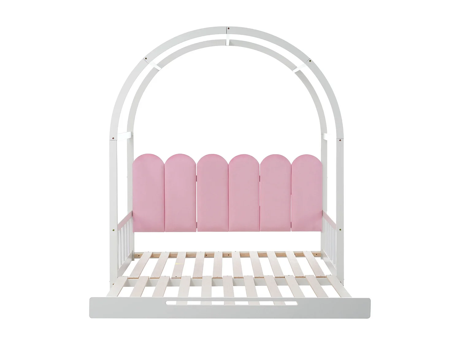 (Avec matelas) Lit mezzanine extensible, lit gigogne, lit enfant, lit sommier, lit double, coussins velours, pin, blanc+rose, 140x100/200cm