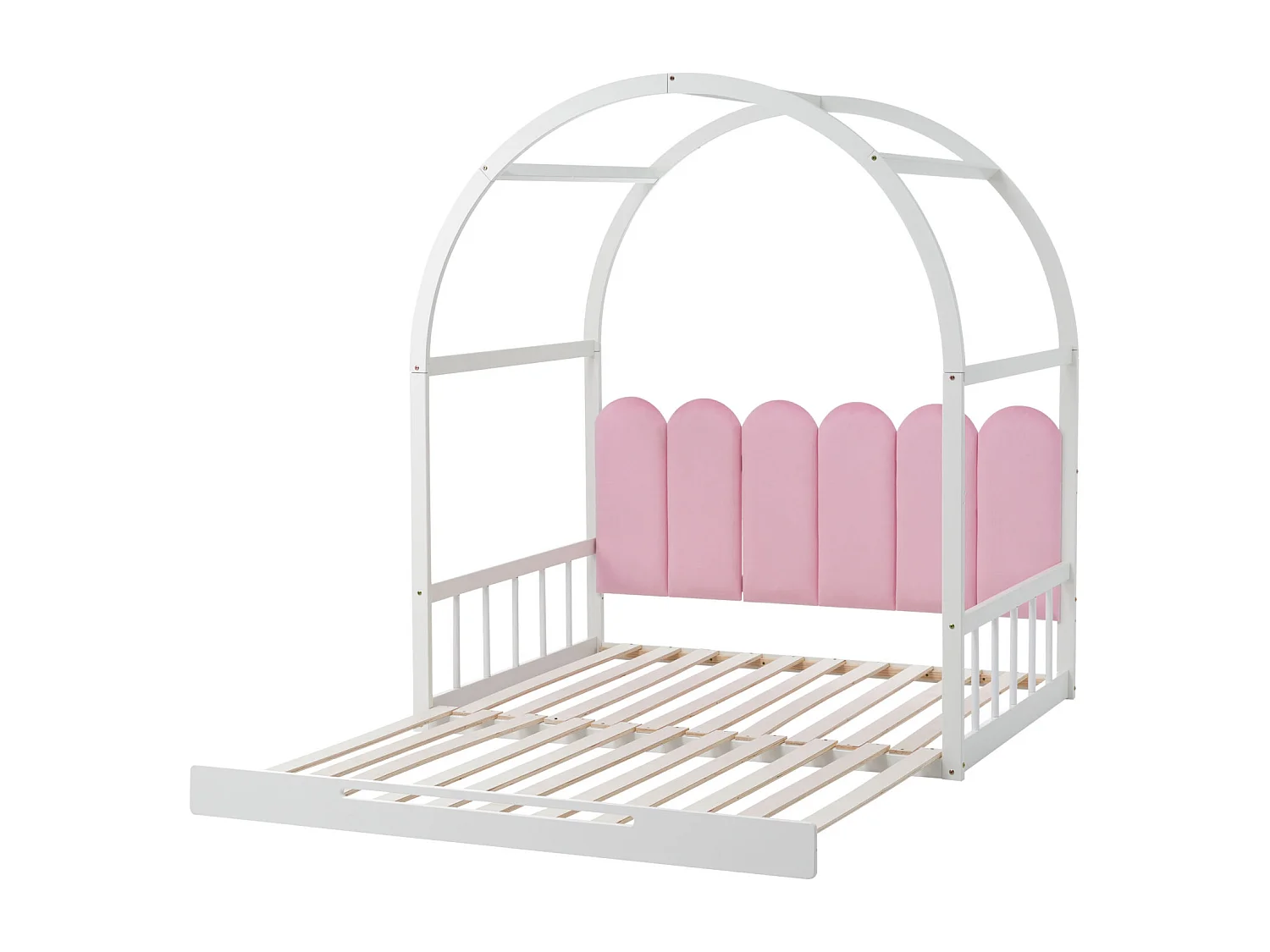 (Avec matelas) Lit mezzanine extensible, lit gigogne, lit enfant, lit sommier, lit double, coussins velours, pin, blanc+rose, 140x100/200cm