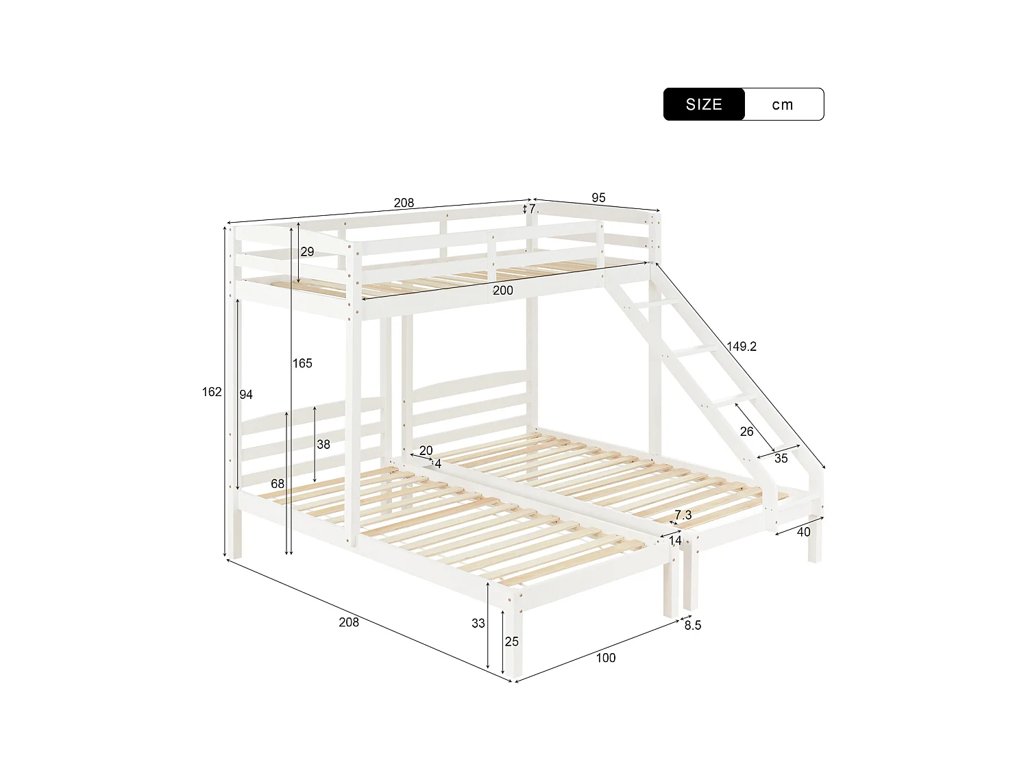 Lit triple superposé avec échelle latérale pour enfants et adolescents, blanc (90 x 200 cm)