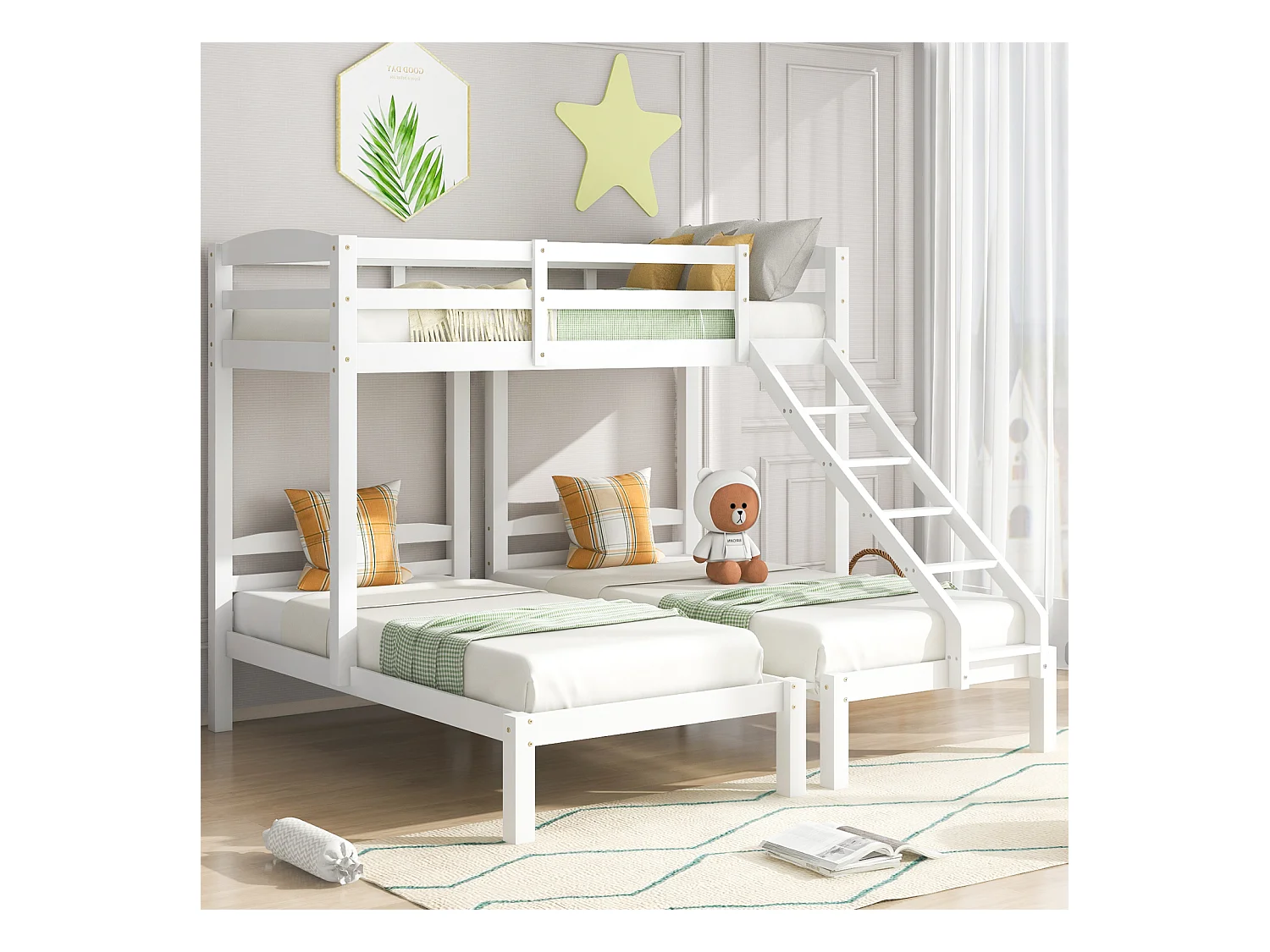 Lit triple superposé avec échelle latérale pour enfants et adolescents, blanc (90 x 200 cm)