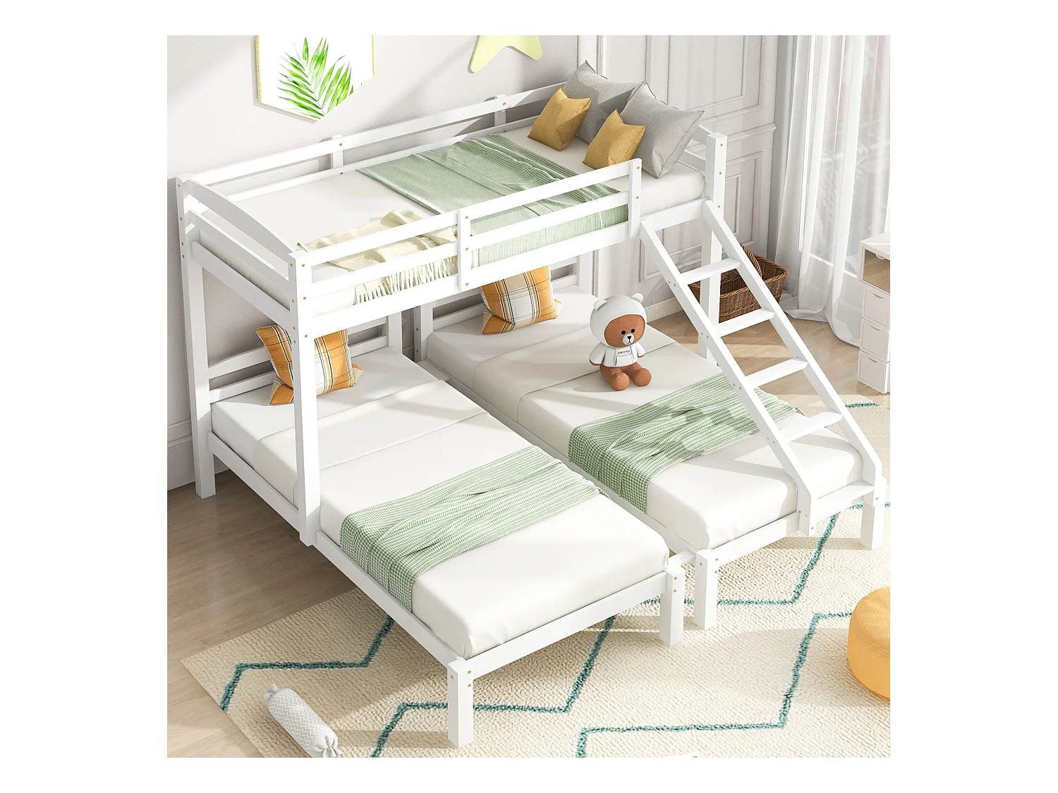 Lit triple superposé avec échelle latérale pour enfants et adolescents, blanc (90 x 200 cm)