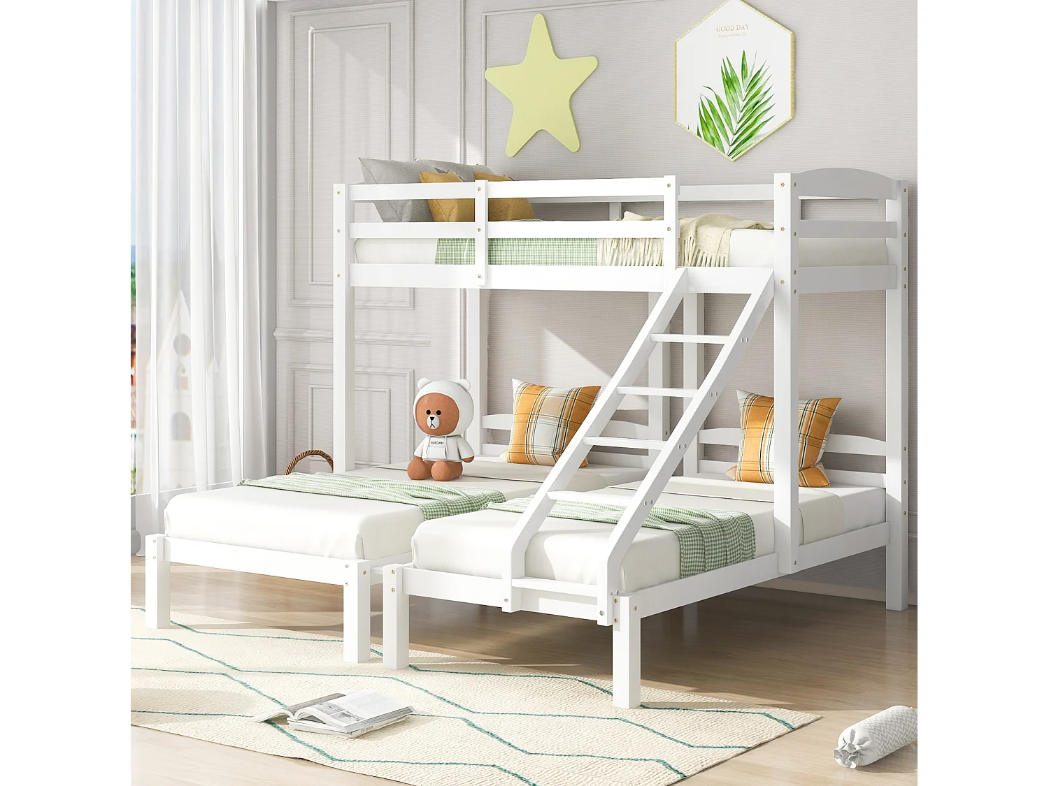 Cama triple, litera triple con escalera lateral para niños y adolescentes, color blanco (90x200cm)