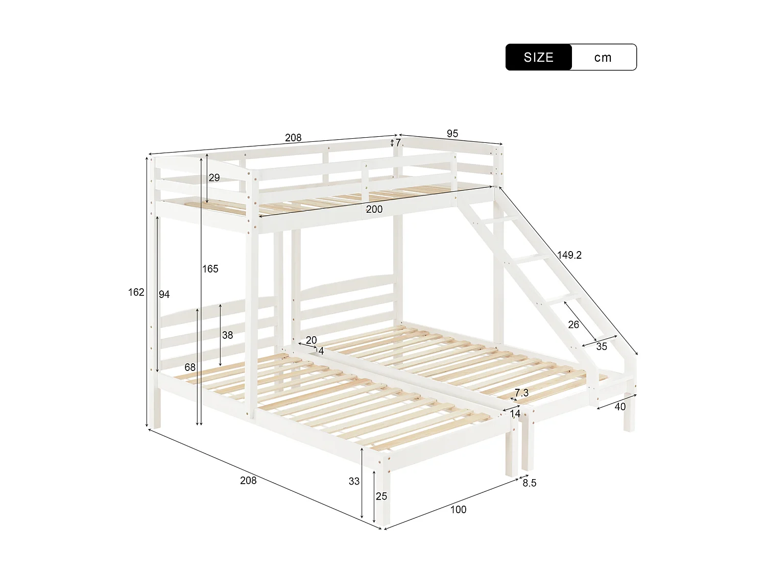 Cama triple, litera triple con escalera lateral para niños y adolescentes, color blanco (90x200cm)