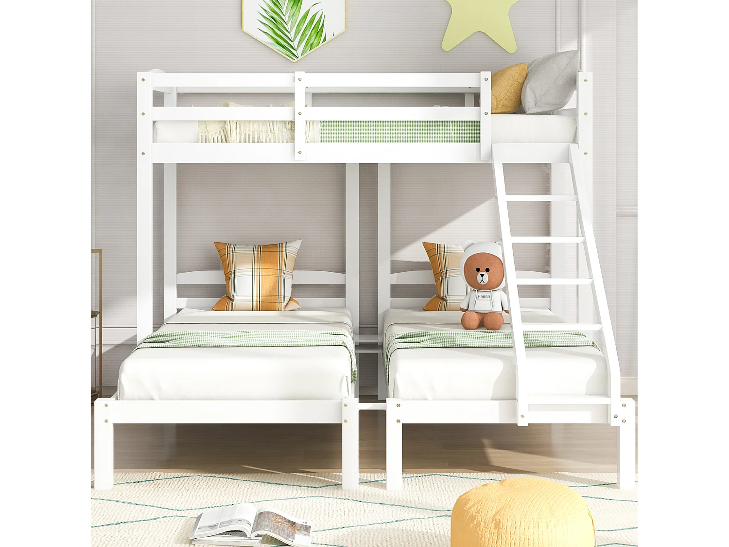 Cama triple, litera triple con escalera lateral para niños y adolescentes, color blanco (90x200cm)