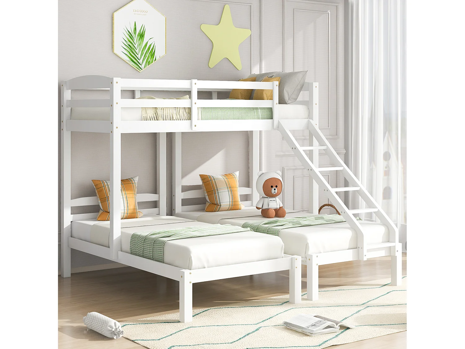 Cama triple, litera triple con escalera lateral para niños y adolescentes, color blanco (90x200cm)