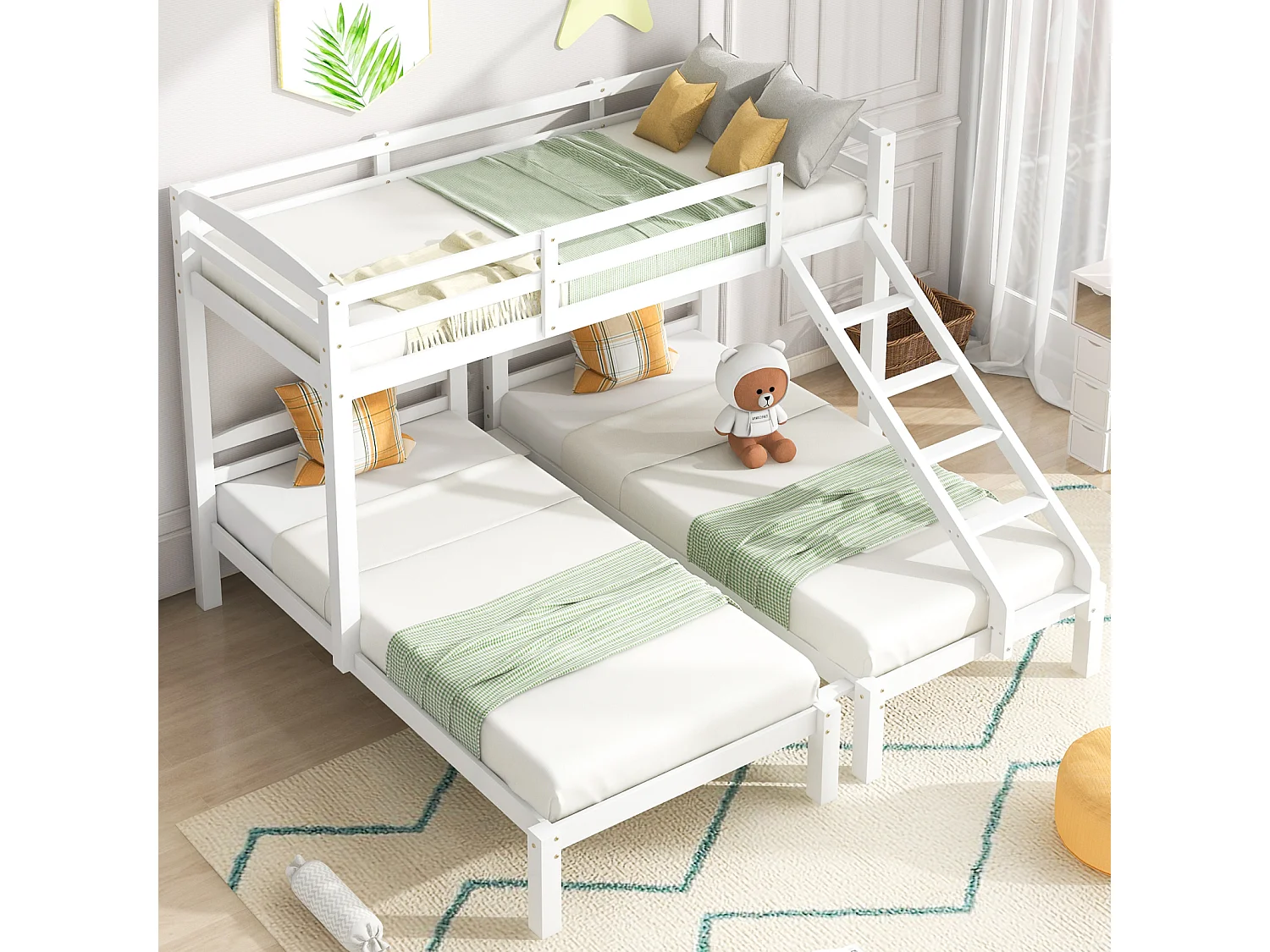 Cama triple, litera triple con escalera lateral para niños y adolescentes, color blanco (90x200cm)