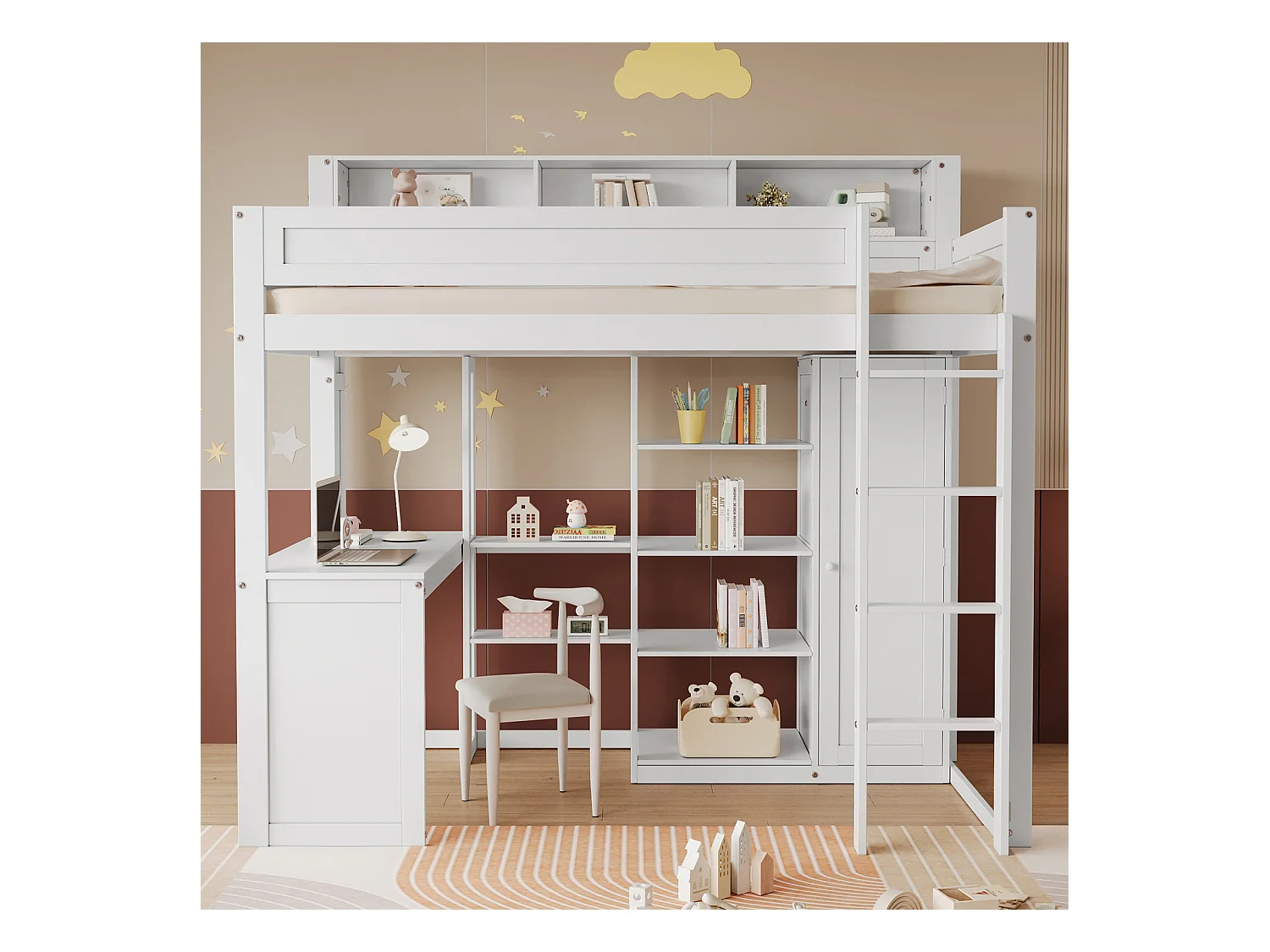 Stapelbed, tafel + kledingkast, kinderbed, veiligheidshekje, planken, 4-traps ladder, opbergruimte, grenen + MDF + multiplex, wit, 90 x 200 cm