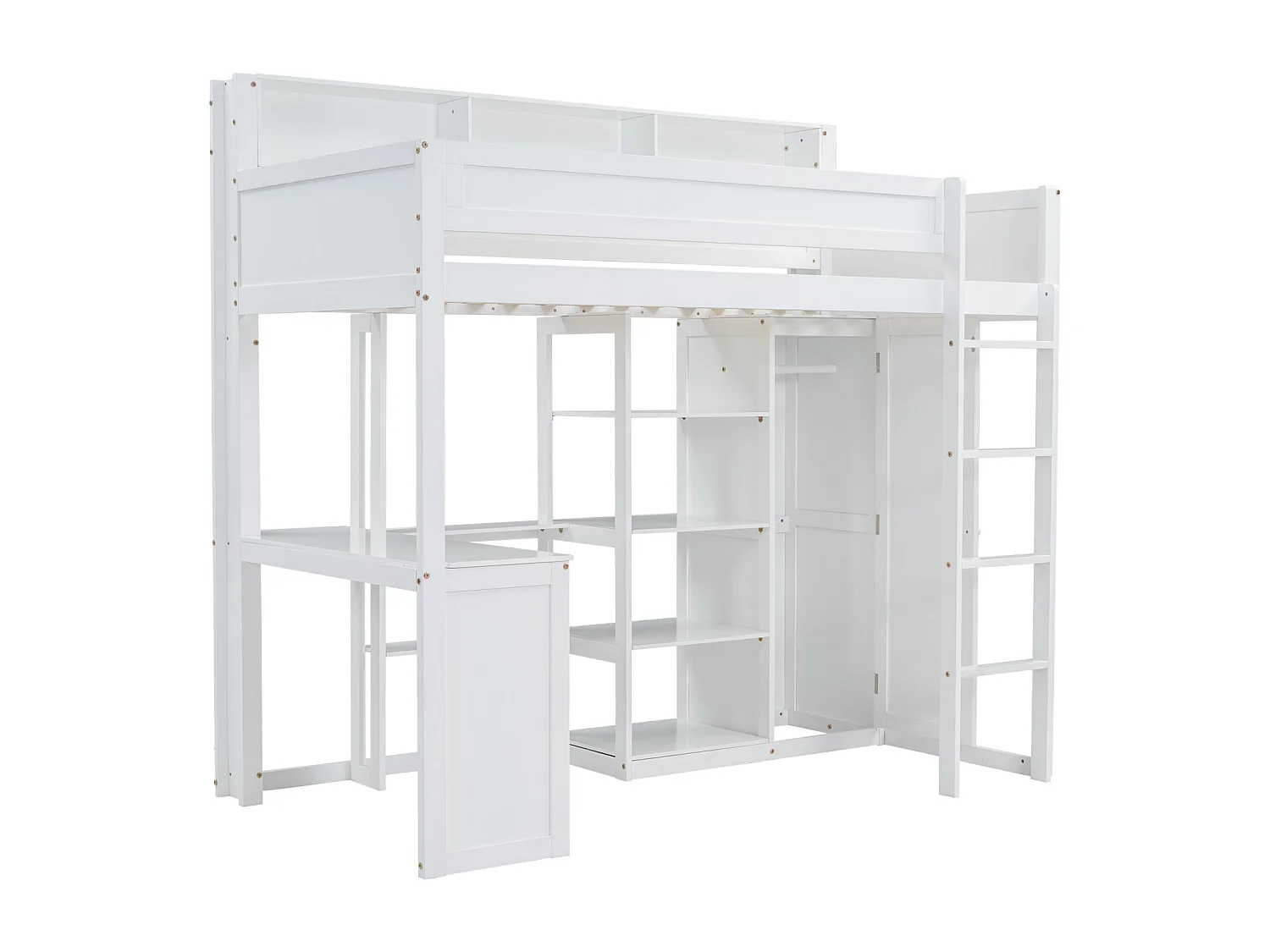 Beliche, mesa+guarda-roupa, portão segurança, escada 4 degraus, pinho+MDF, branco, 90x200cm