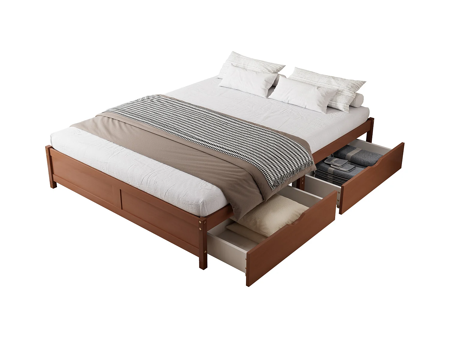 Lit enfant, lit plat, bois vintage, 2 tiroirs sur roulettes, ado/adulte, pin+MDF, brun rougeâtre, 140x200cm