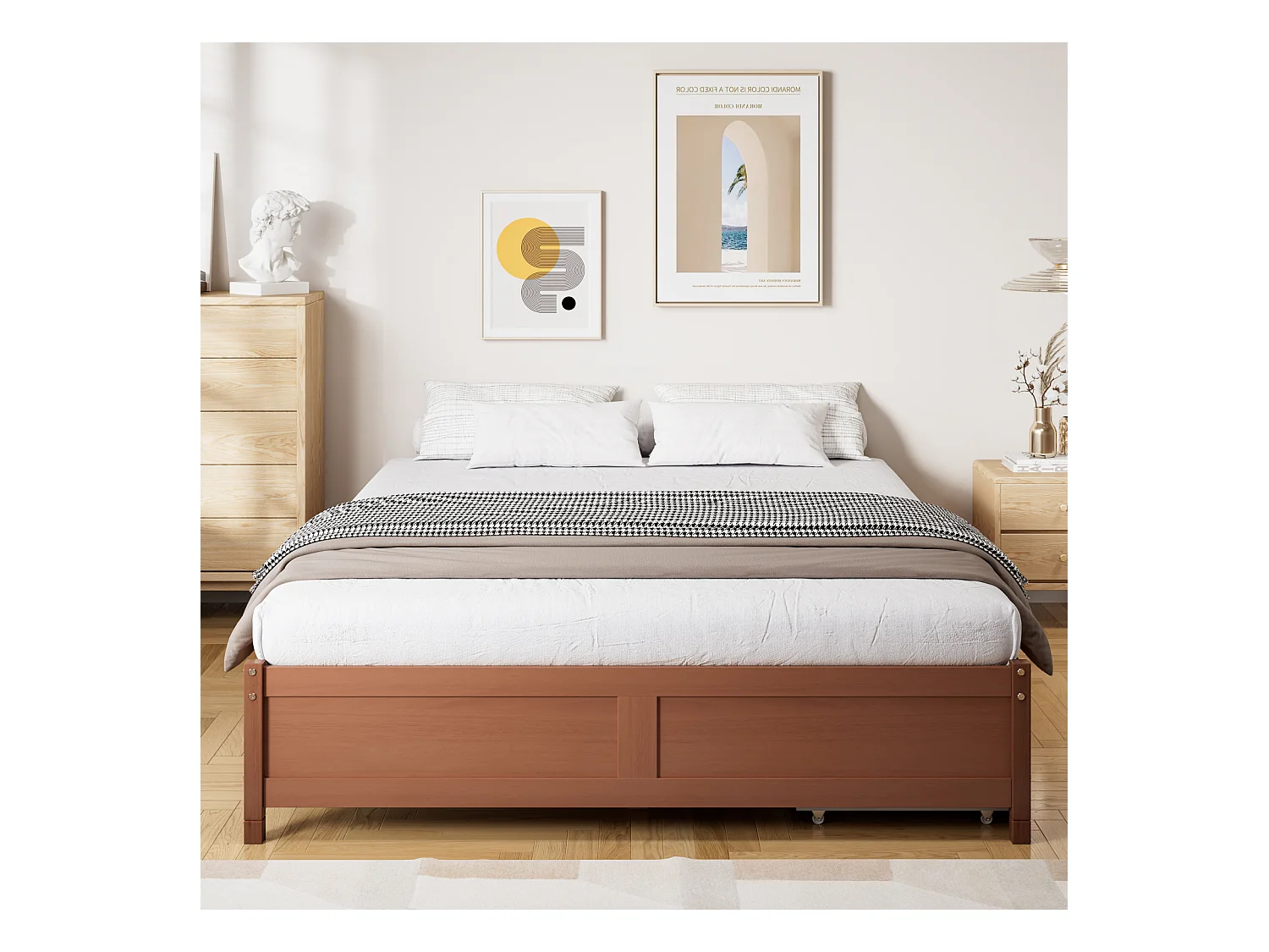 Lit enfant, lit plat, bois vintage, 2 tiroirs sur roulettes, ado/adulte, pin+MDF, brun rougeâtre, 140x200cm